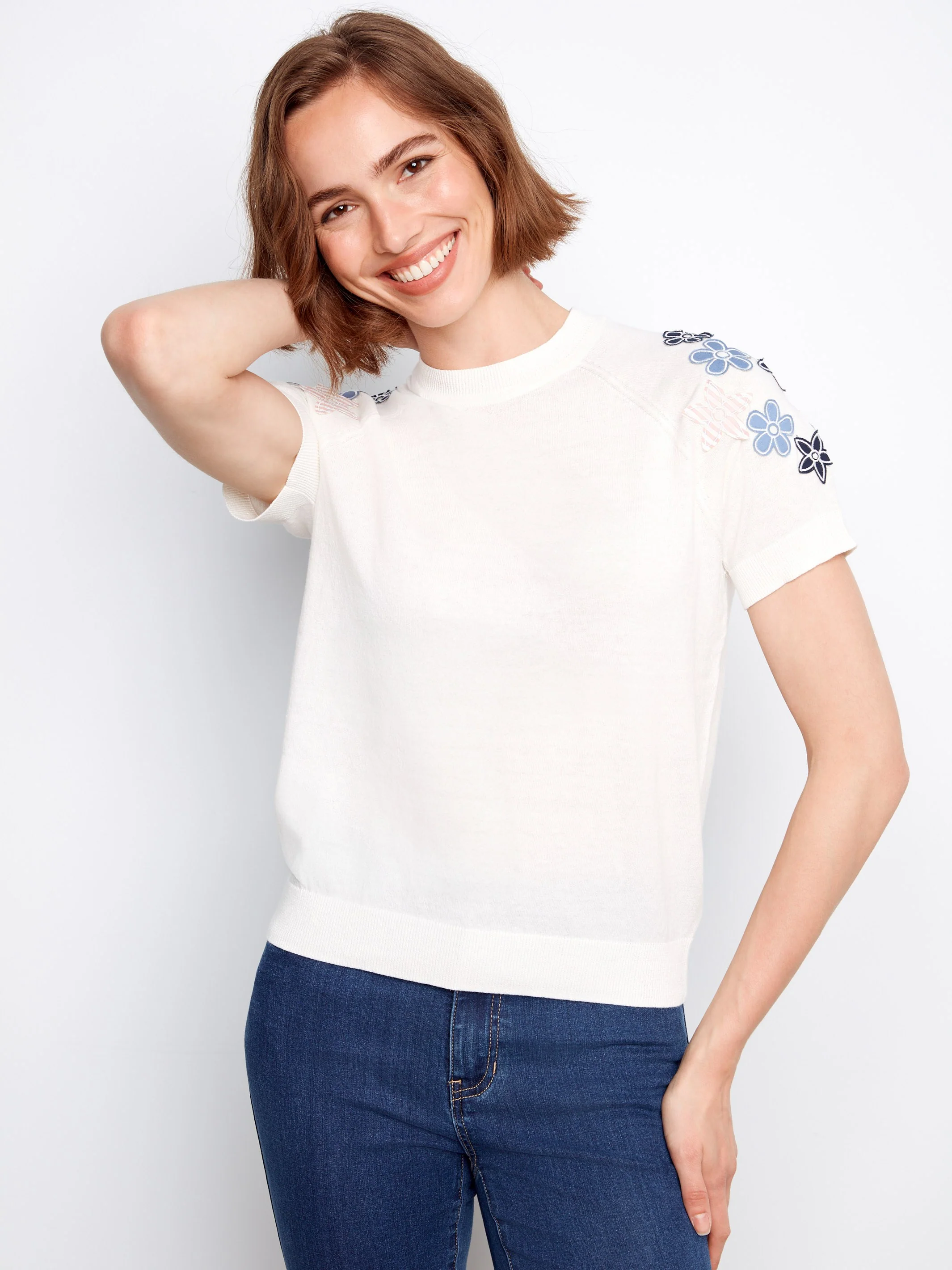 Floral Short Sleeve Cotton Knit Top - Flowers - Image 2