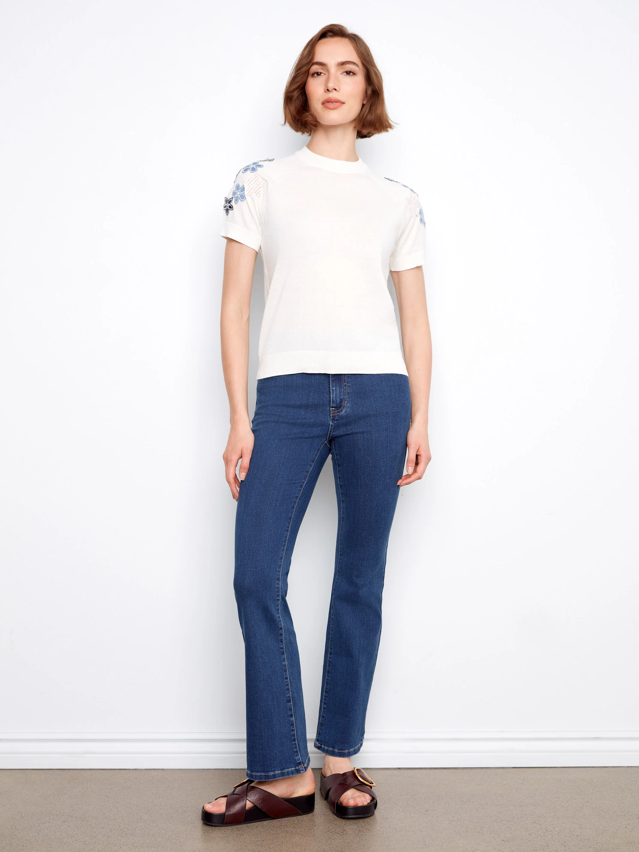 Floral Short Sleeve Cotton Knit Top - Flowers - Image 3