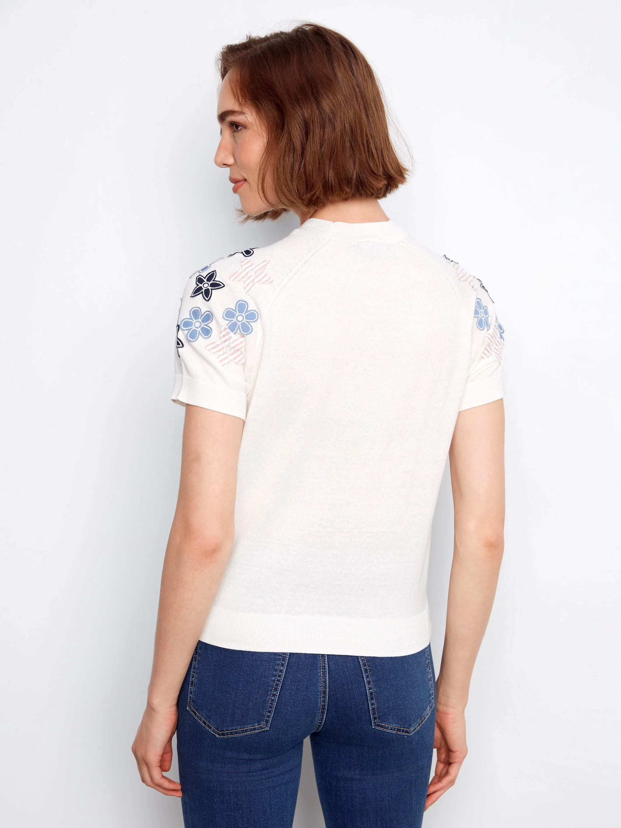 Floral Short Sleeve Cotton Knit Top - Flowers - Image 4