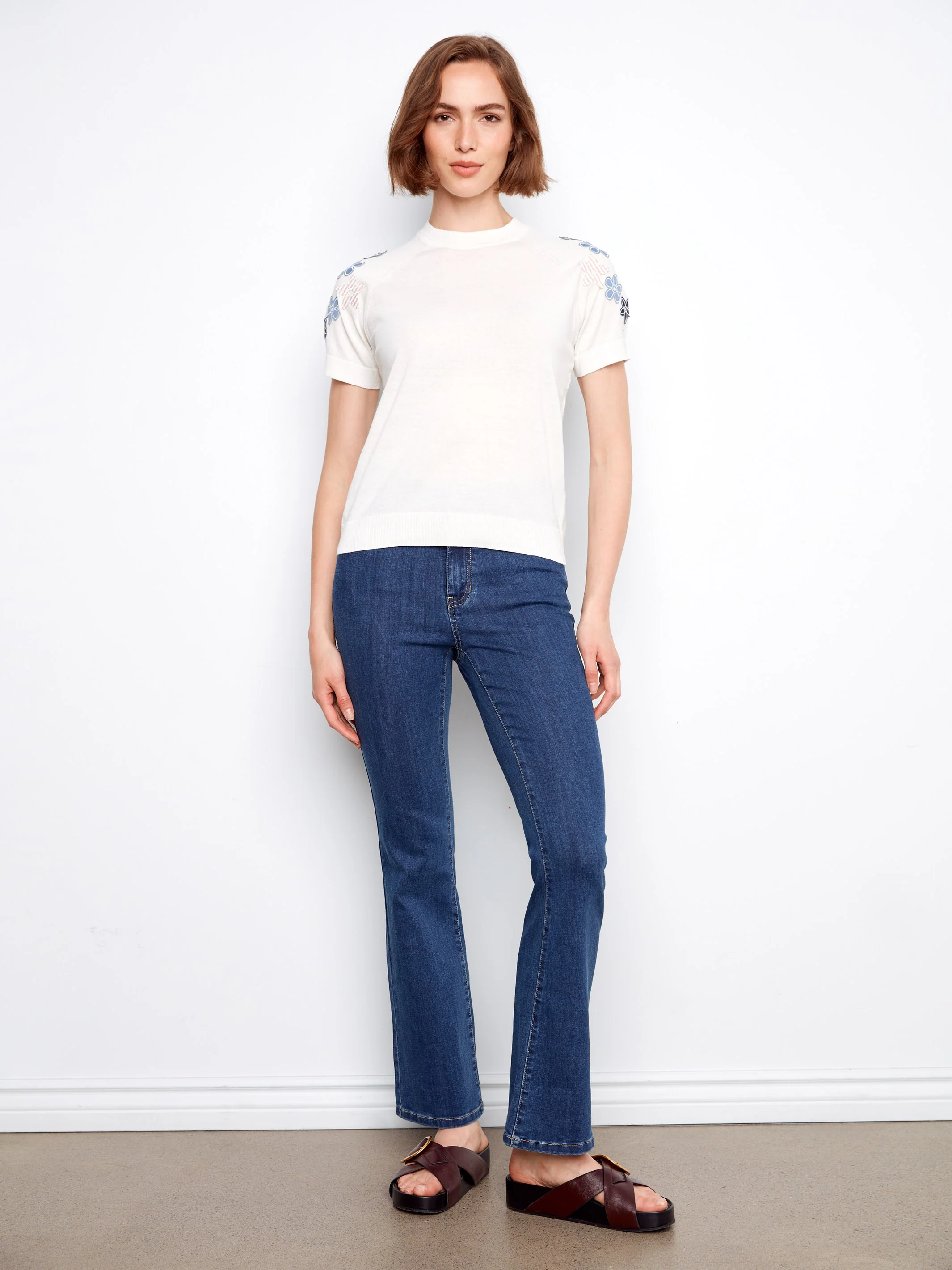 Floral Short Sleeve Cotton Knit Top - Flowers - Image 5