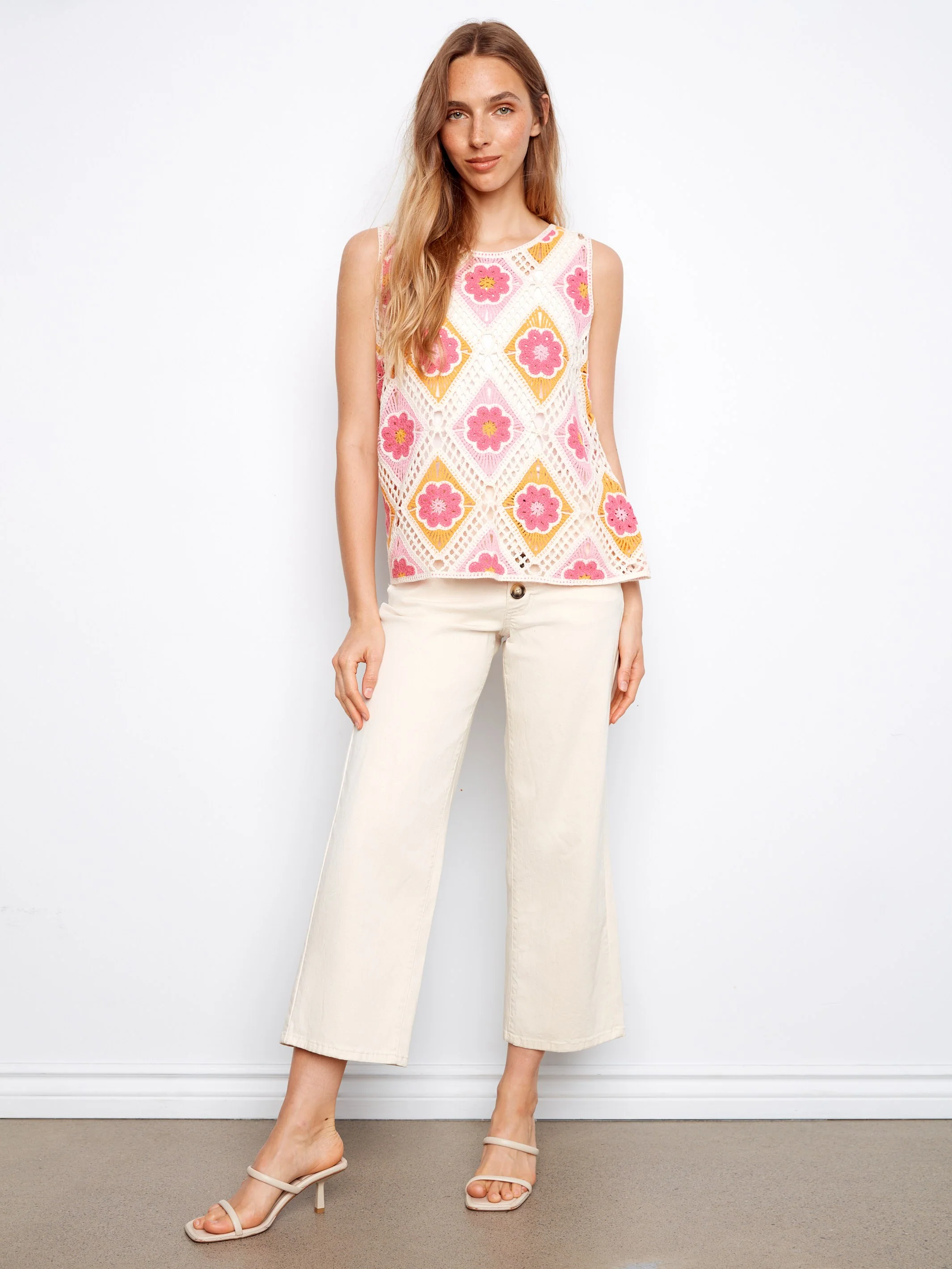 Floral Sleeveless Crochet Cotton Blend Top - Apricot - Image 3