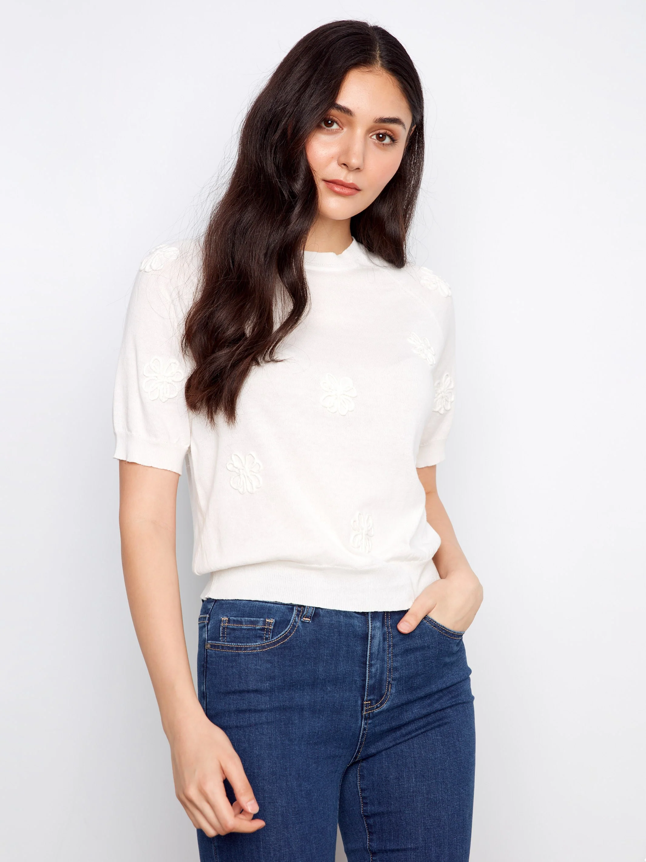 Floral Soutache Cotton Knit Top - White - Image 3