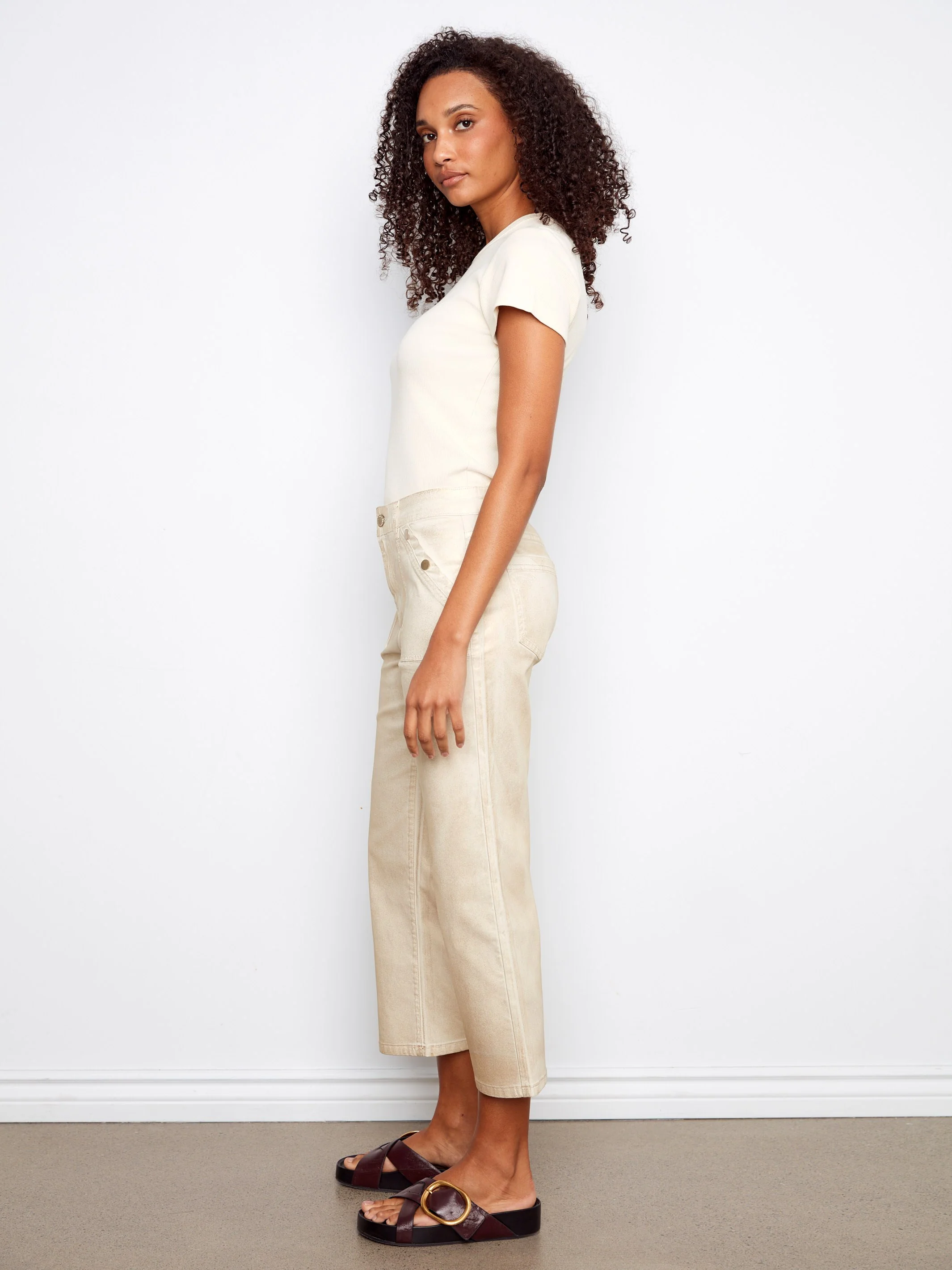 Foiled Cropped Twill Pants With Snap Button Detail - Natural - Image 3