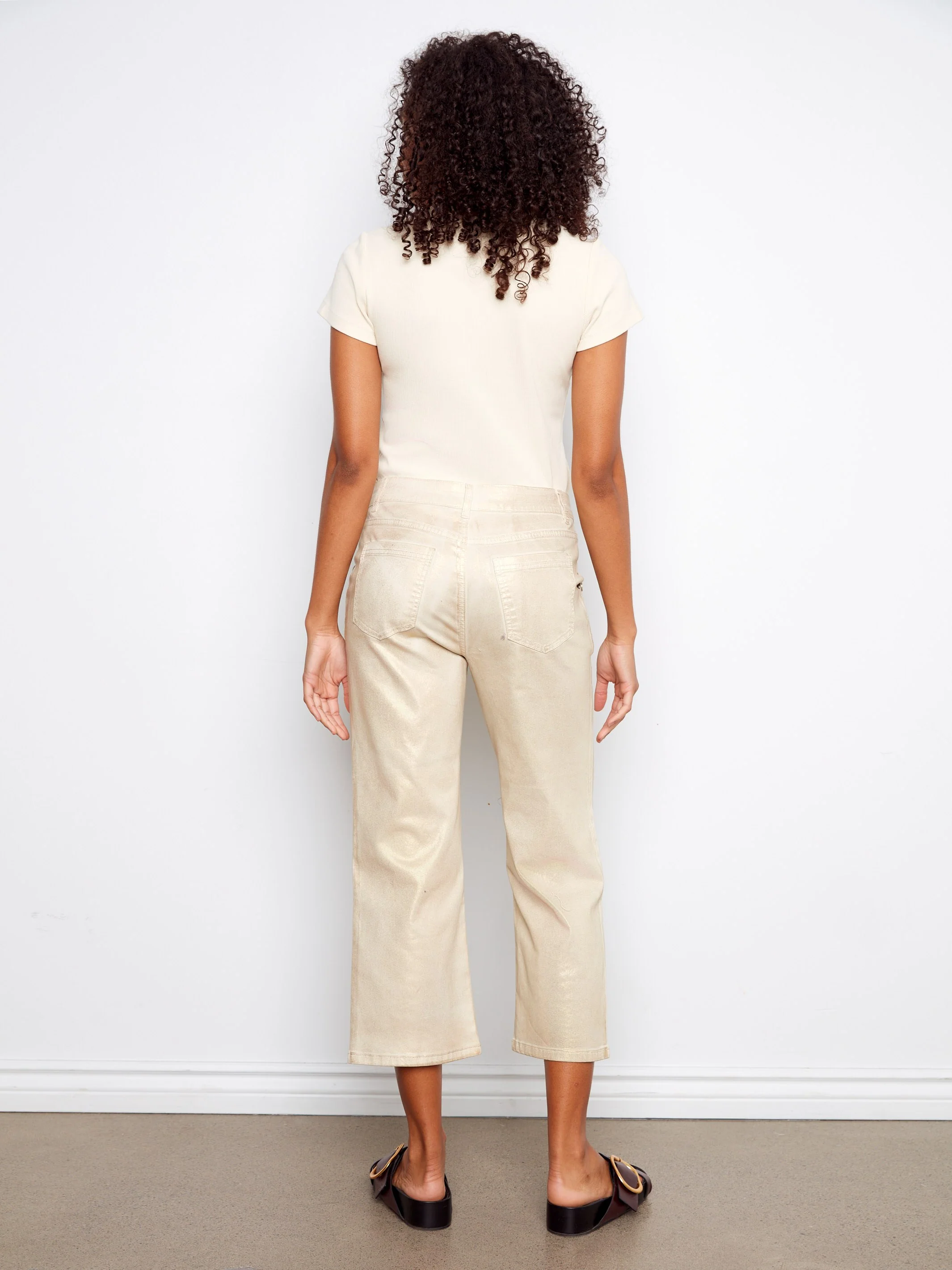 Foiled Cropped Twill Pants With Snap Button Detail - Natural - Image 4