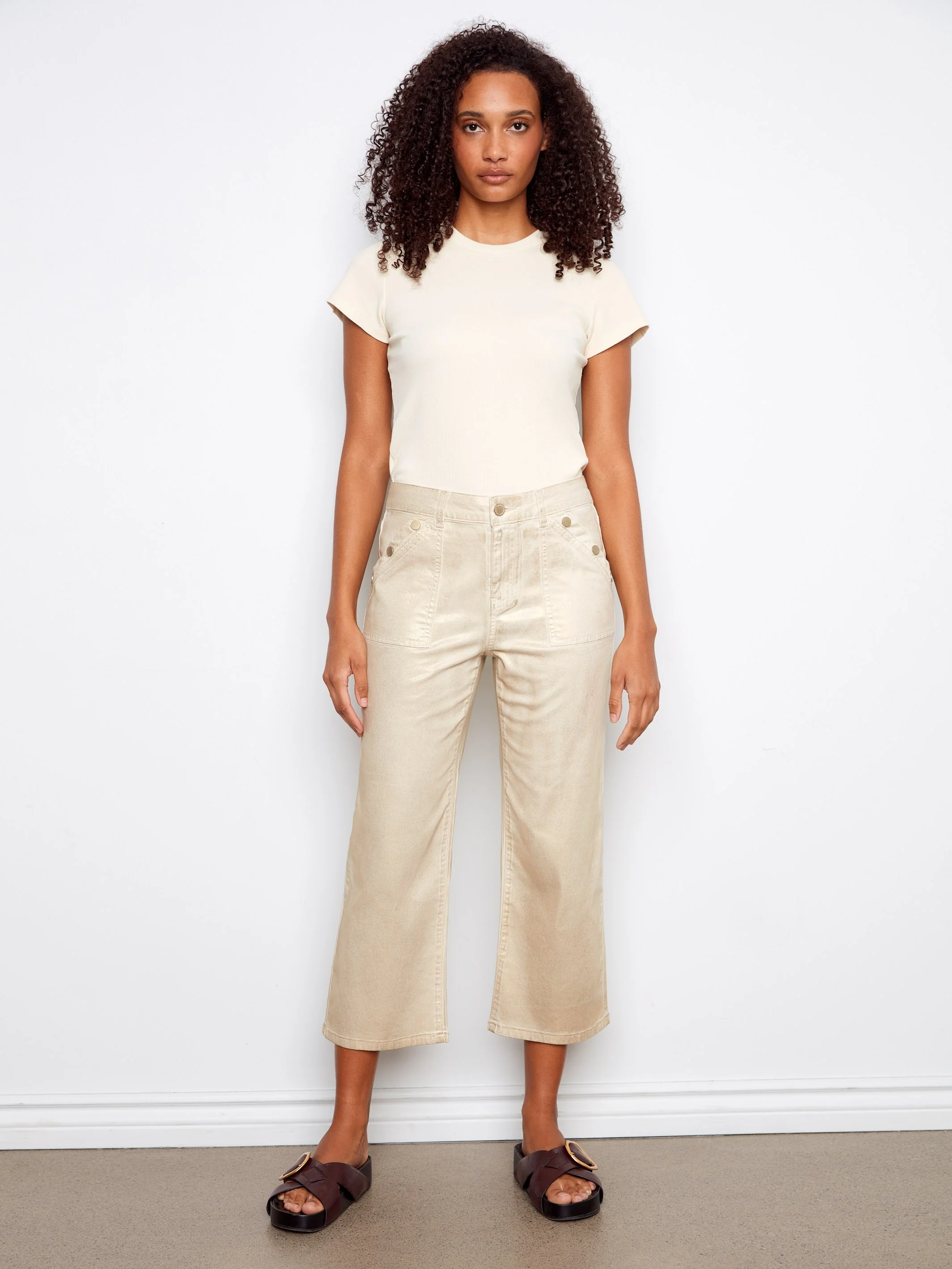 Foiled Cropped Twill Pants With Snap Button Detail - Natural - Image 5