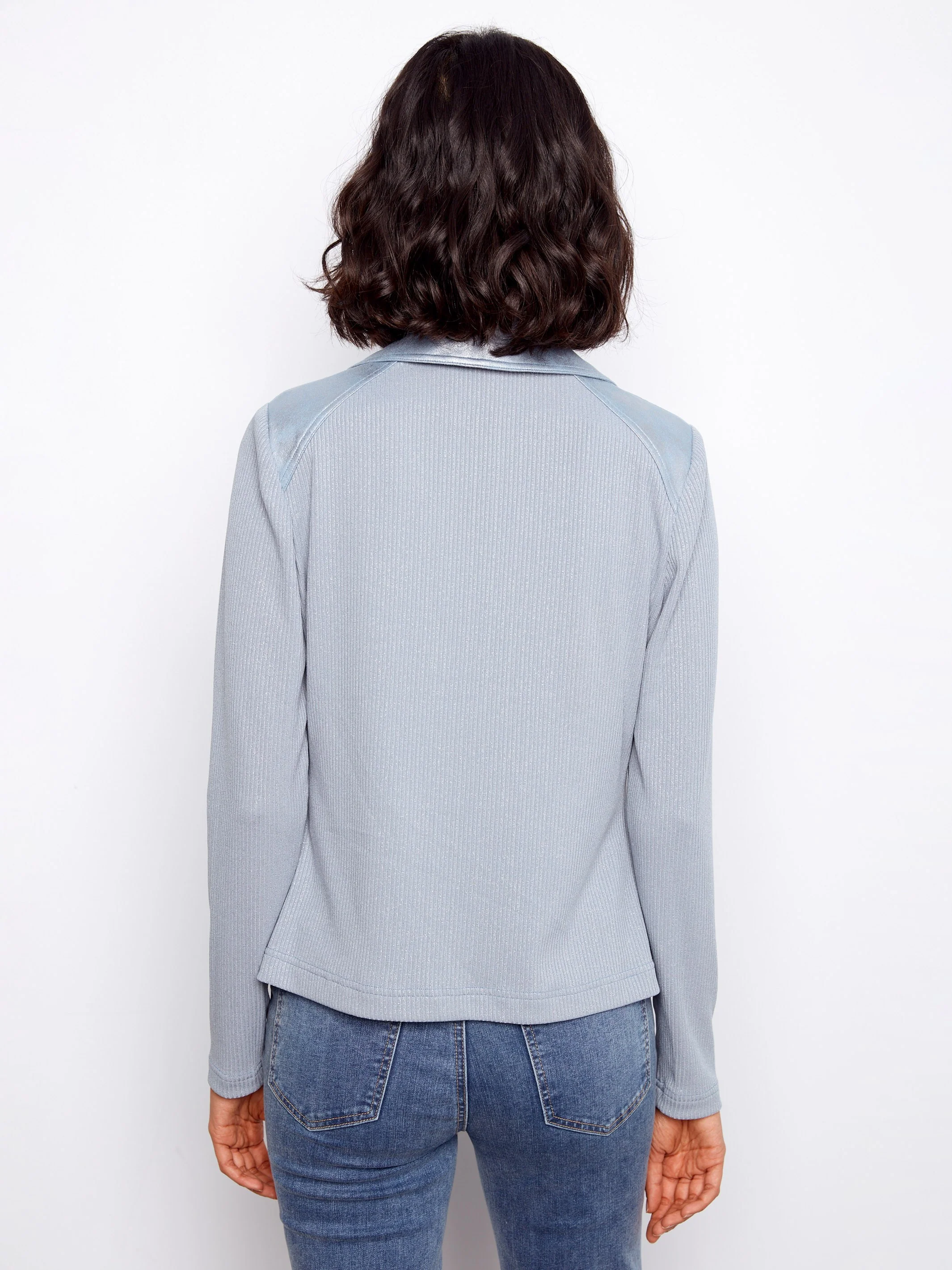 Foiled Faux Leather and Rib Knit Jacket - Haze - Image 4