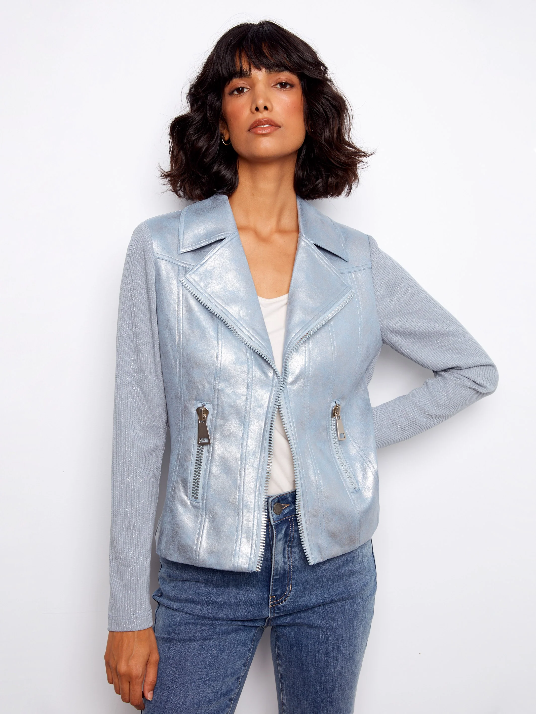 Foiled Faux Leather and Rib Knit Jacket - Haze - Image 5