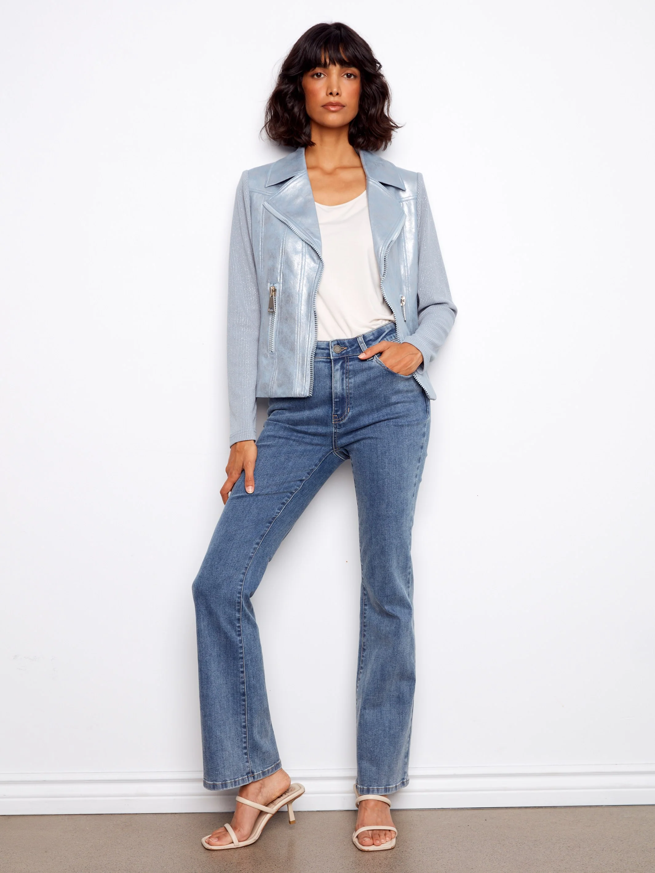 Foiled Faux Leather and Rib Knit Jacket - Haze - Image 6