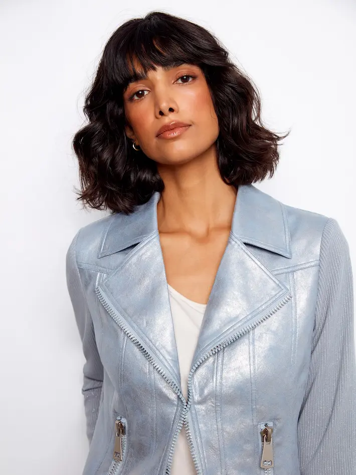 Foiled Faux Leather and Rib Knit Jacket - Haze - Image 7