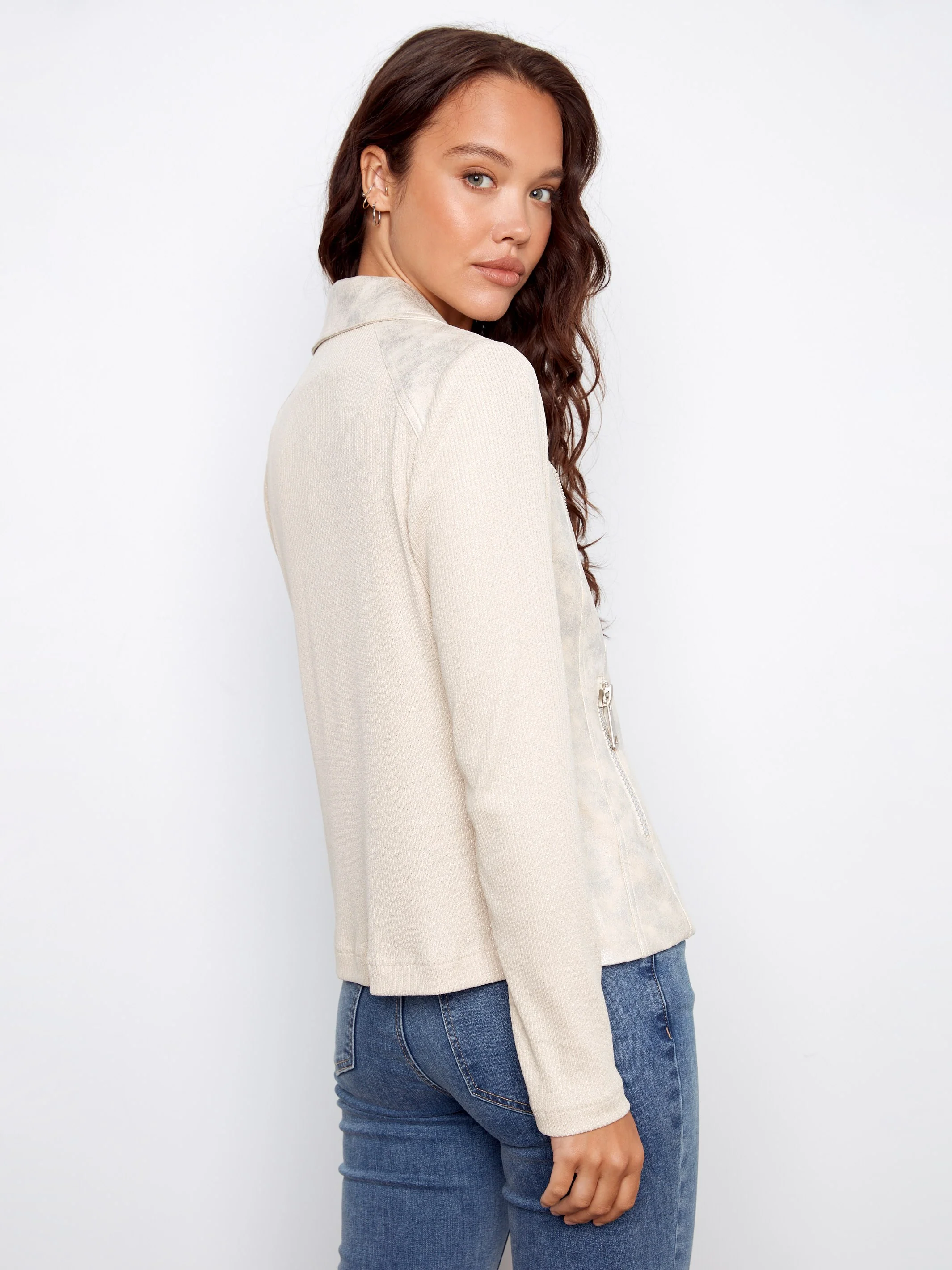 Foiled Faux Leather and Rib Knit Jacket - Pearl - Image 3