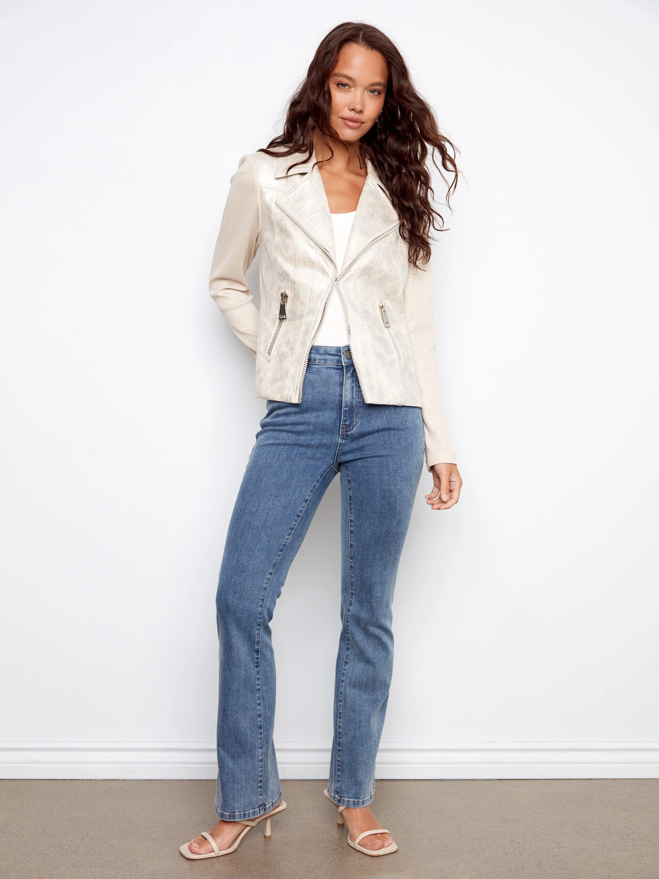 Foiled Faux Leather and Rib Knit Jacket - Pearl - Image 5