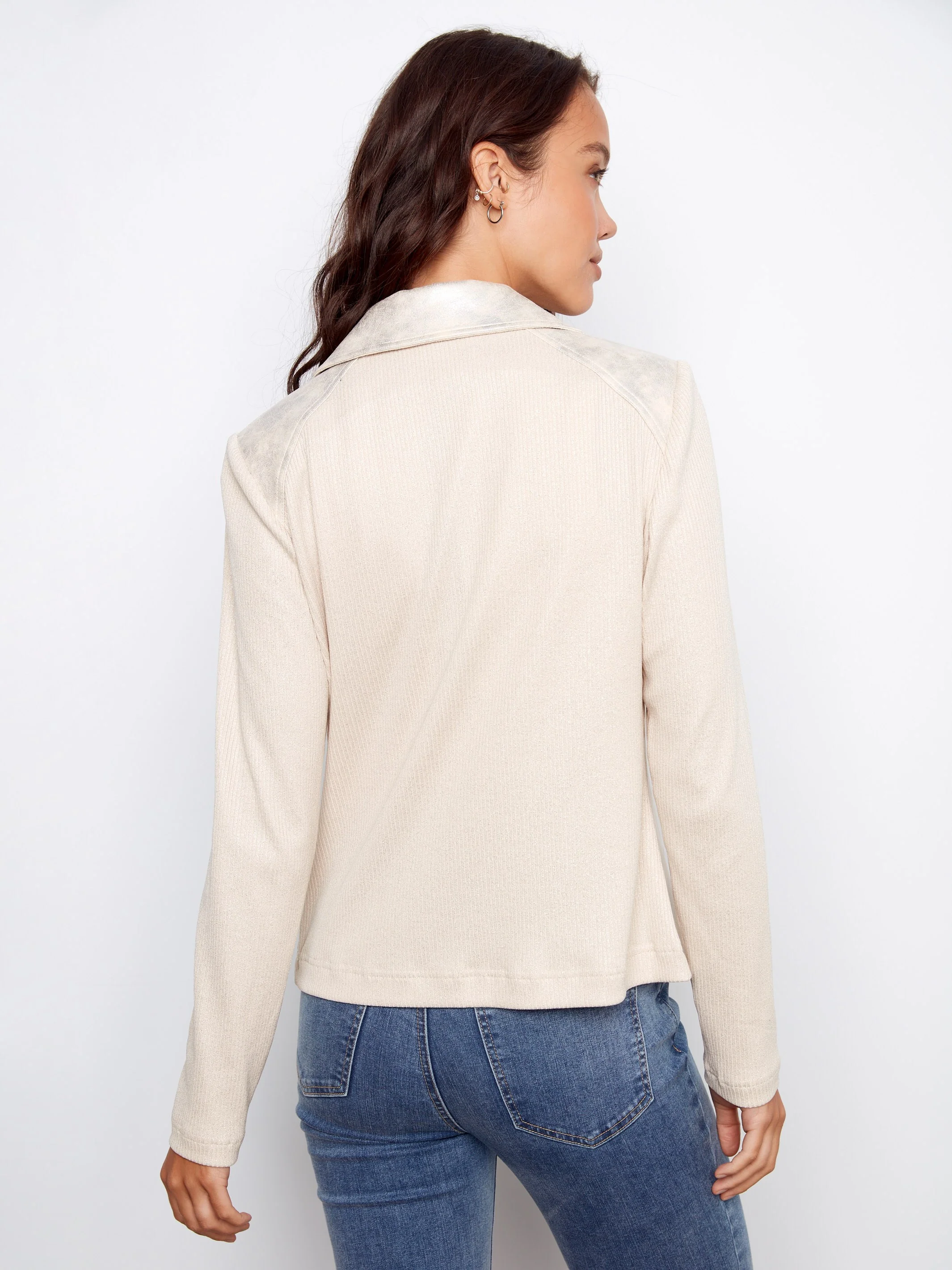 Foiled Faux Leather and Rib Knit Jacket - Pearl - Image 6