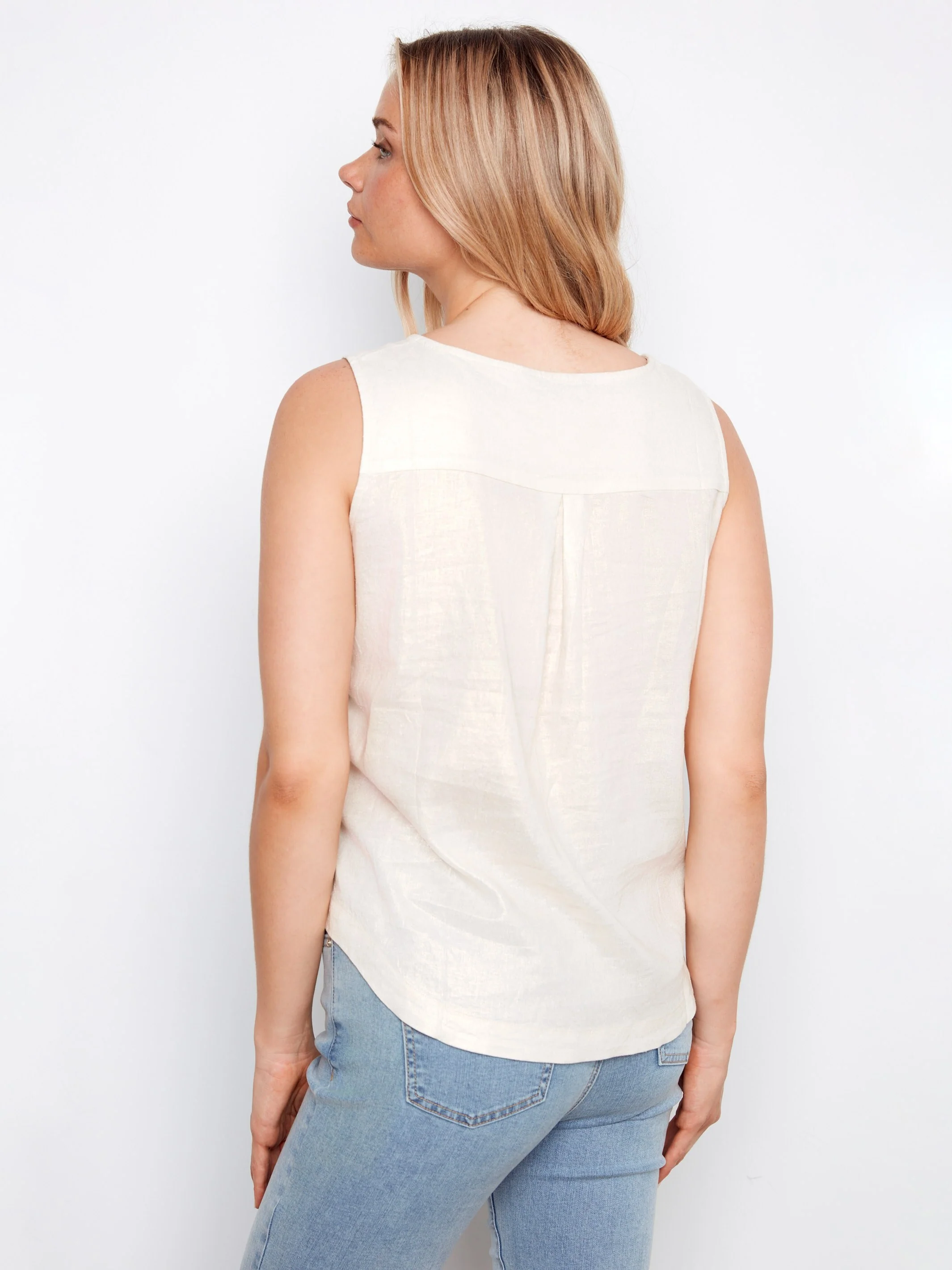 Foiled Sleeveless Linen Top With Side Buttons - Champagne - Image 3