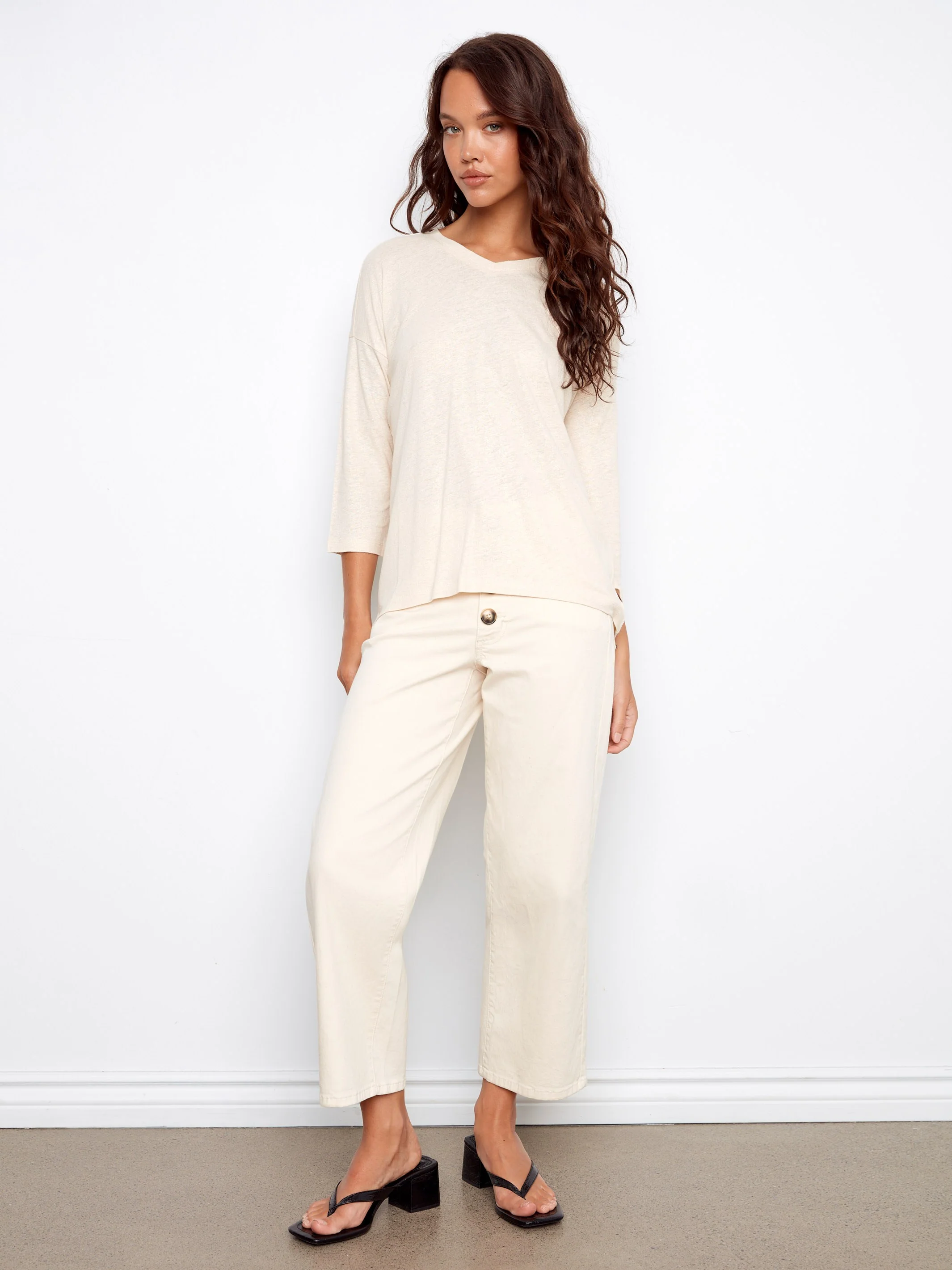 Foiled V-Neck 3/4 Sleeve Top - Champagne - Image 3
