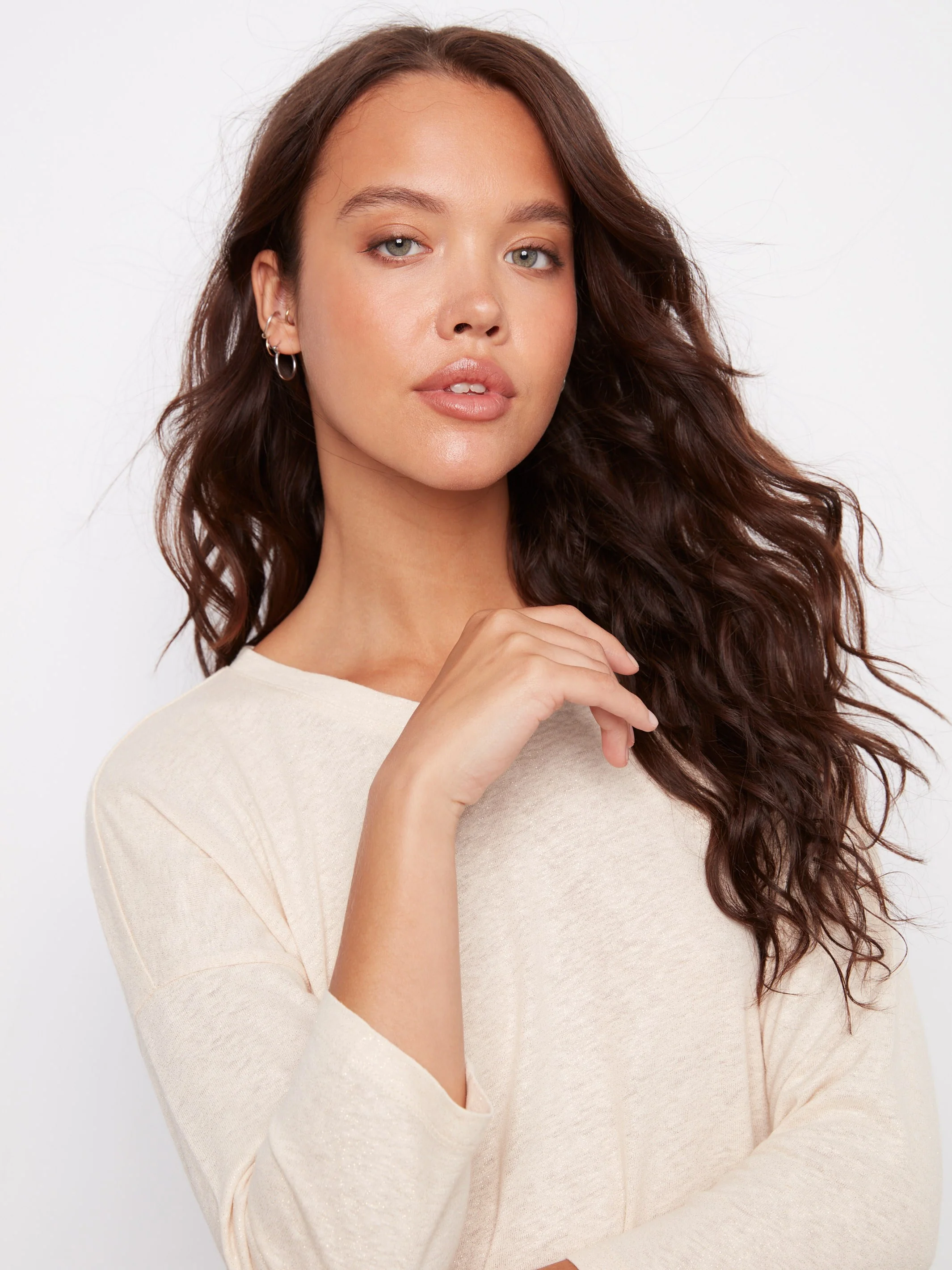 Foiled V-Neck 3/4 Sleeve Top - Champagne - Image 4