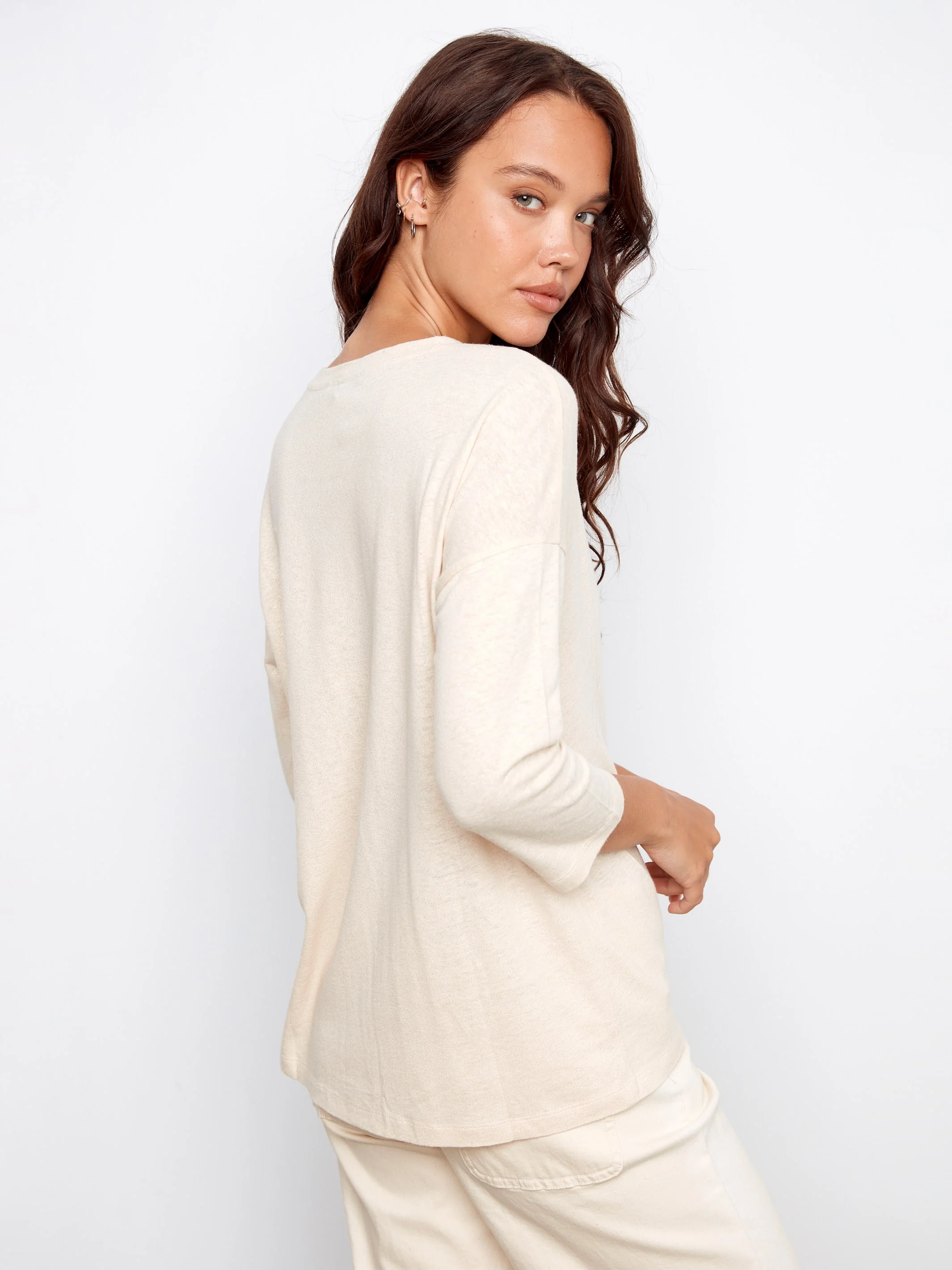 Foiled V-Neck 3/4 Sleeve Top - Champagne - Image 5