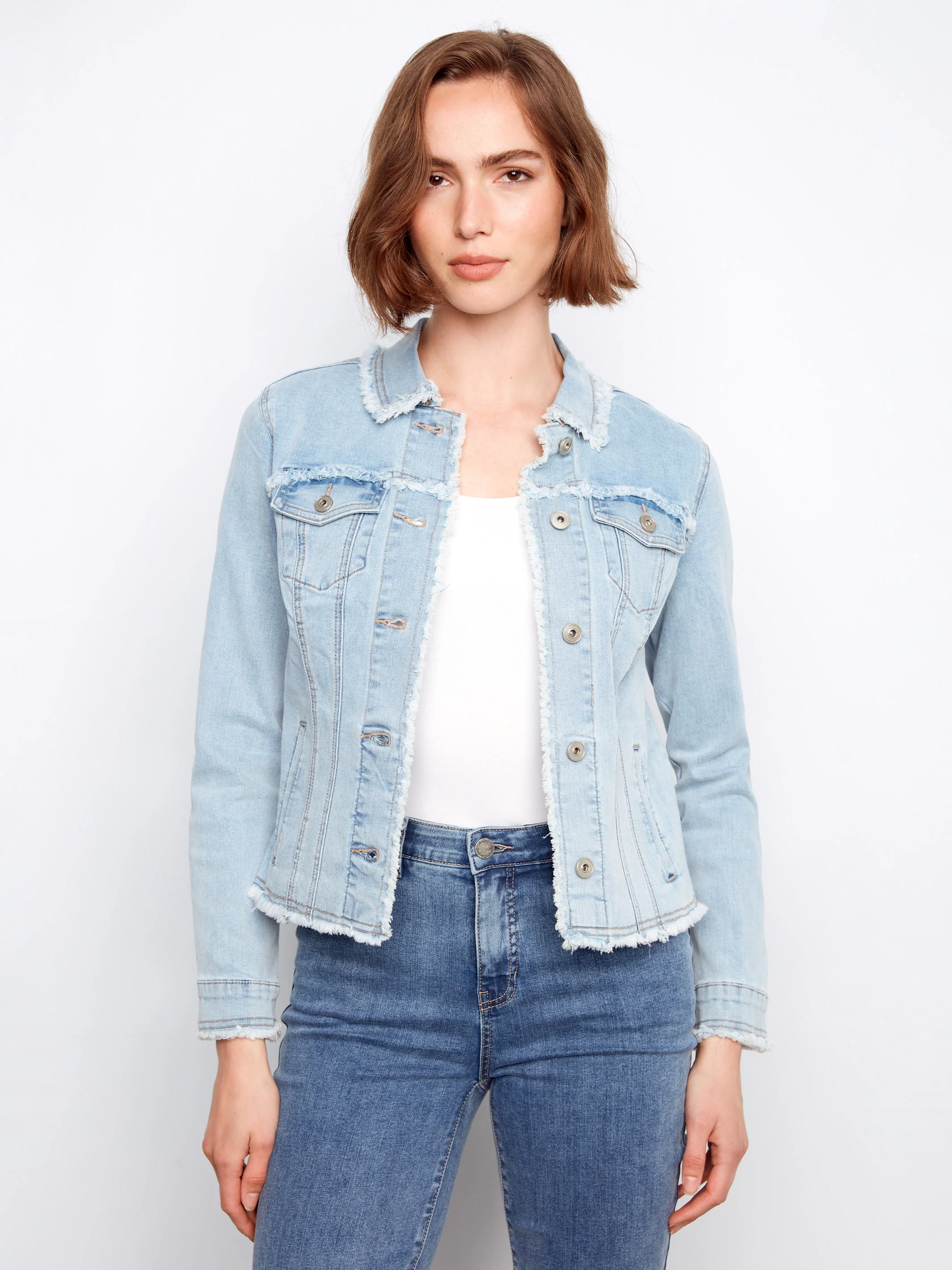 Frayed Edge Stretch Denim Jacket - Bleach Blue - Image 3