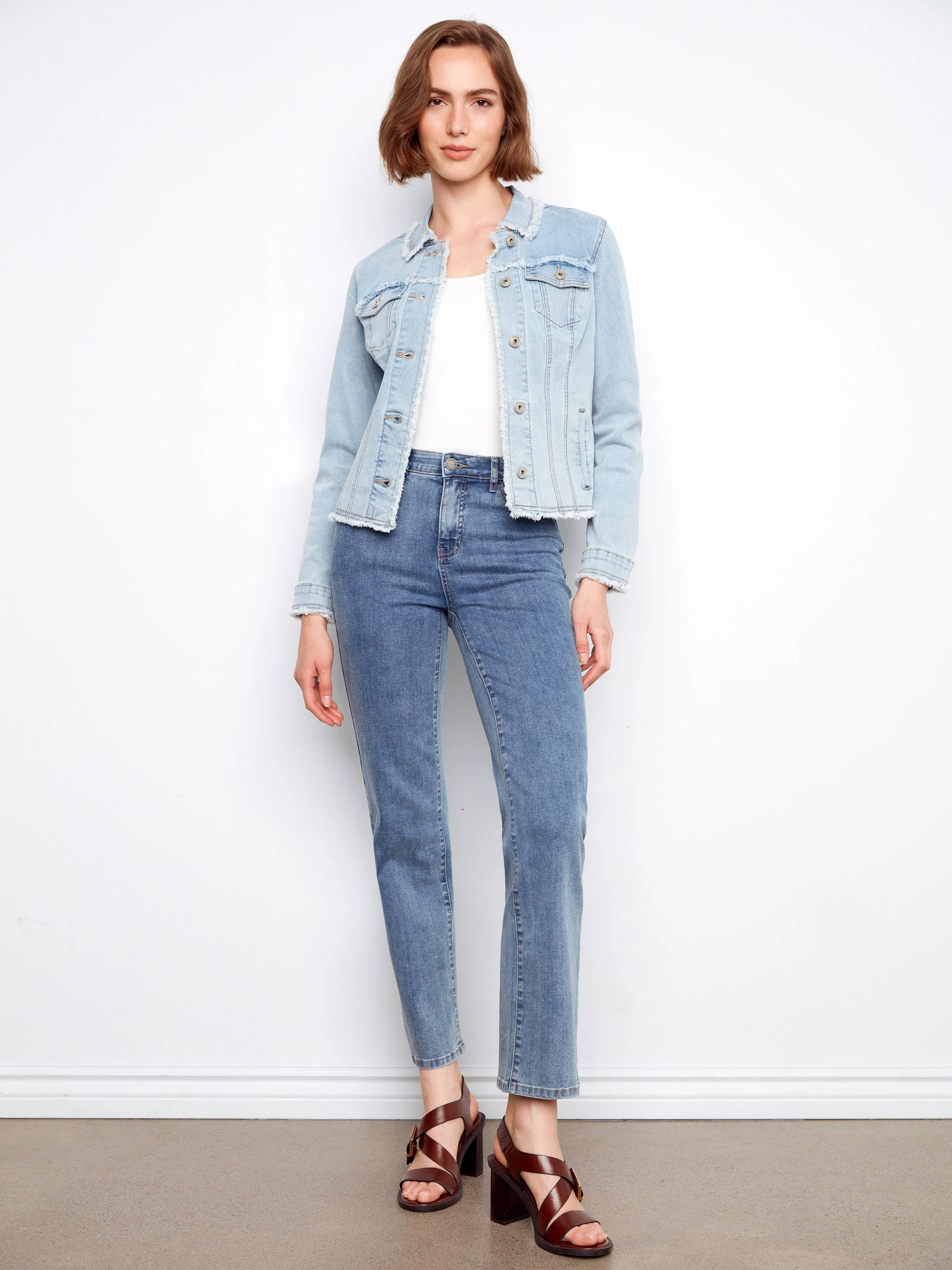 Frayed Edge Stretch Denim Jacket - Bleach Blue - Image 4
