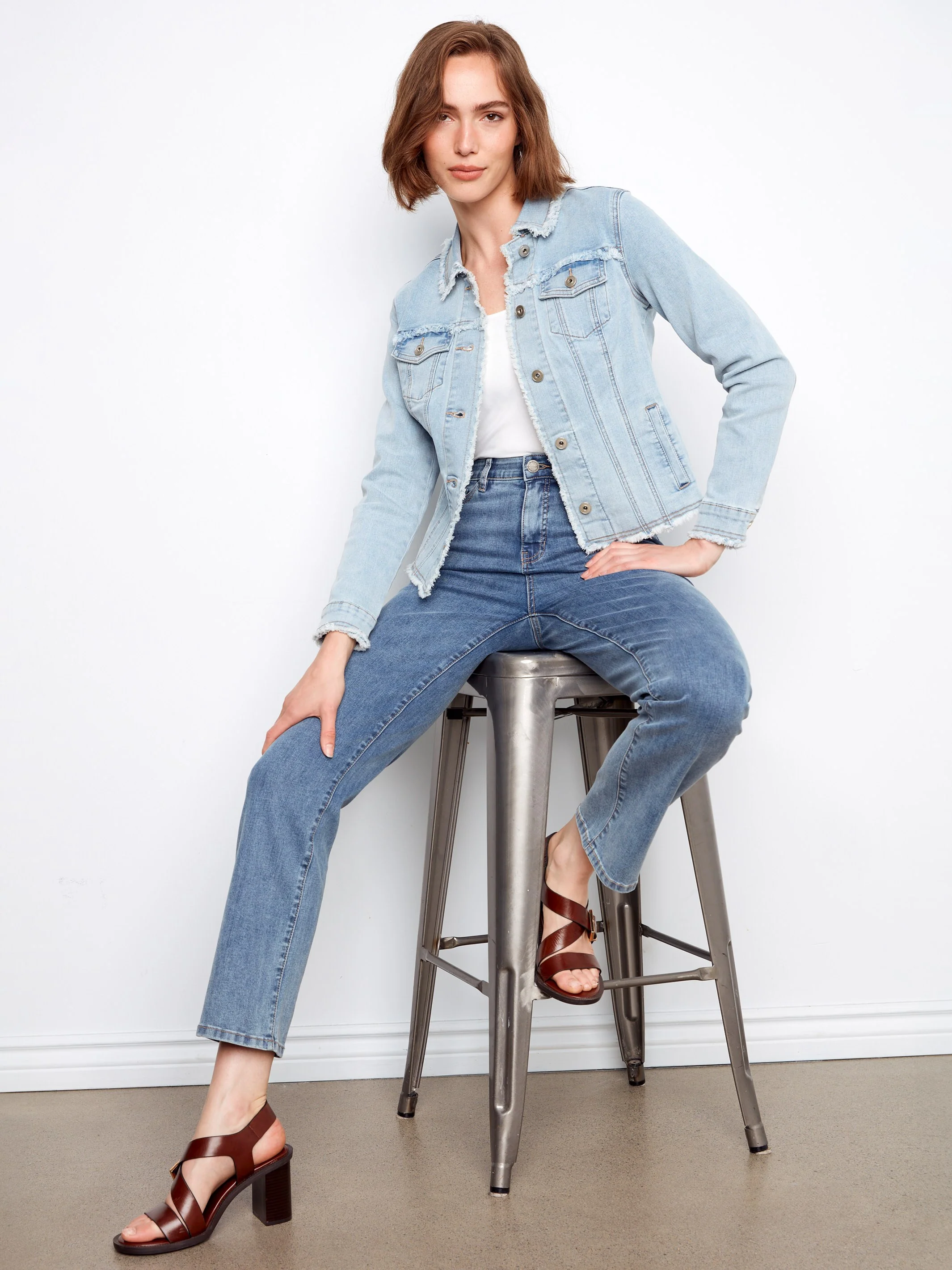 Frayed Edge Stretch Denim Jacket - Bleach Blue - Image 5