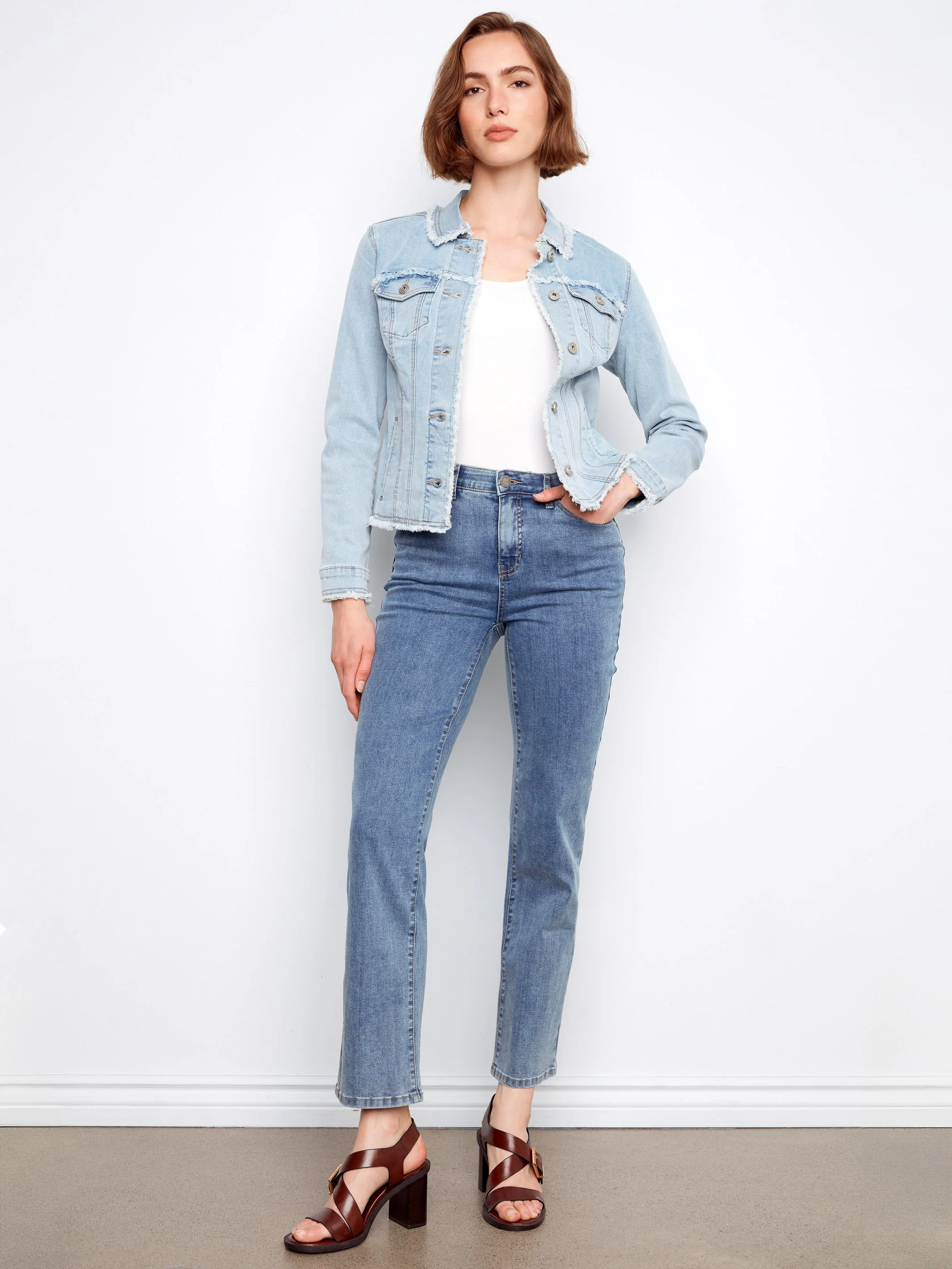 Frayed Edge Stretch Denim Jacket - Bleach Blue - Image 6