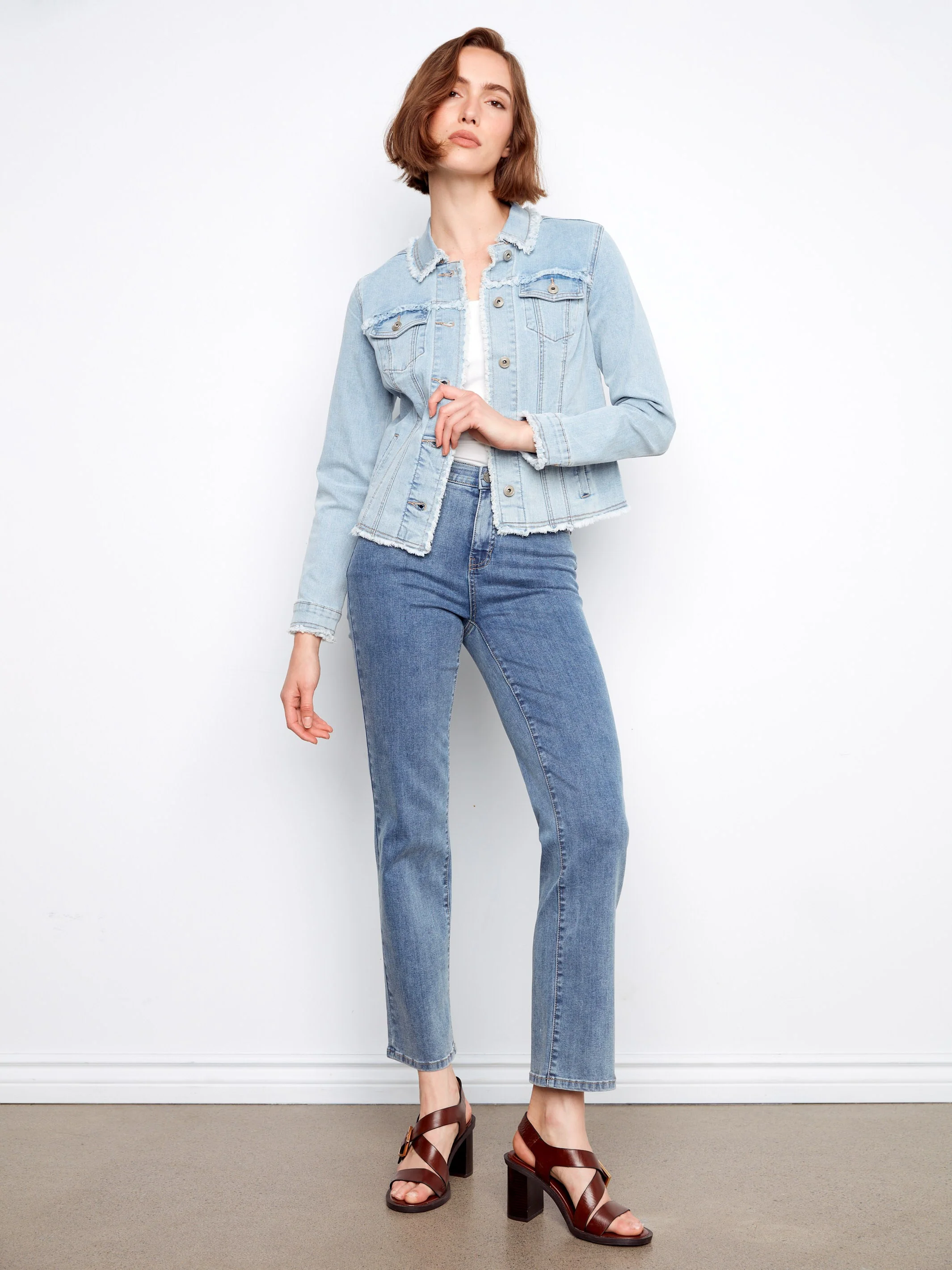 Frayed Edge Stretch Denim Jacket - Bleach Blue - Image 7