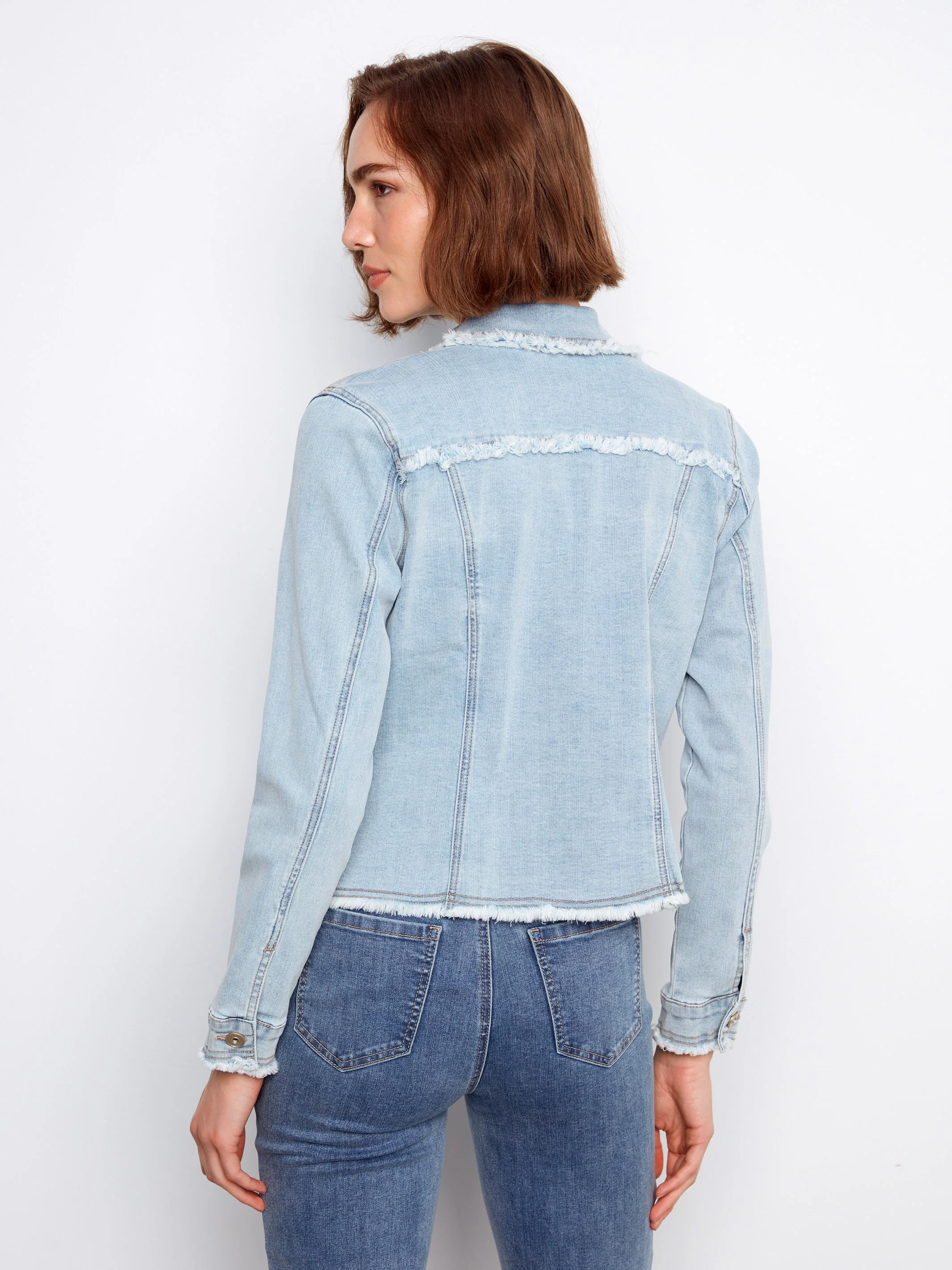 Frayed Edge Stretch Denim Jacket - Bleach Blue - Image 8