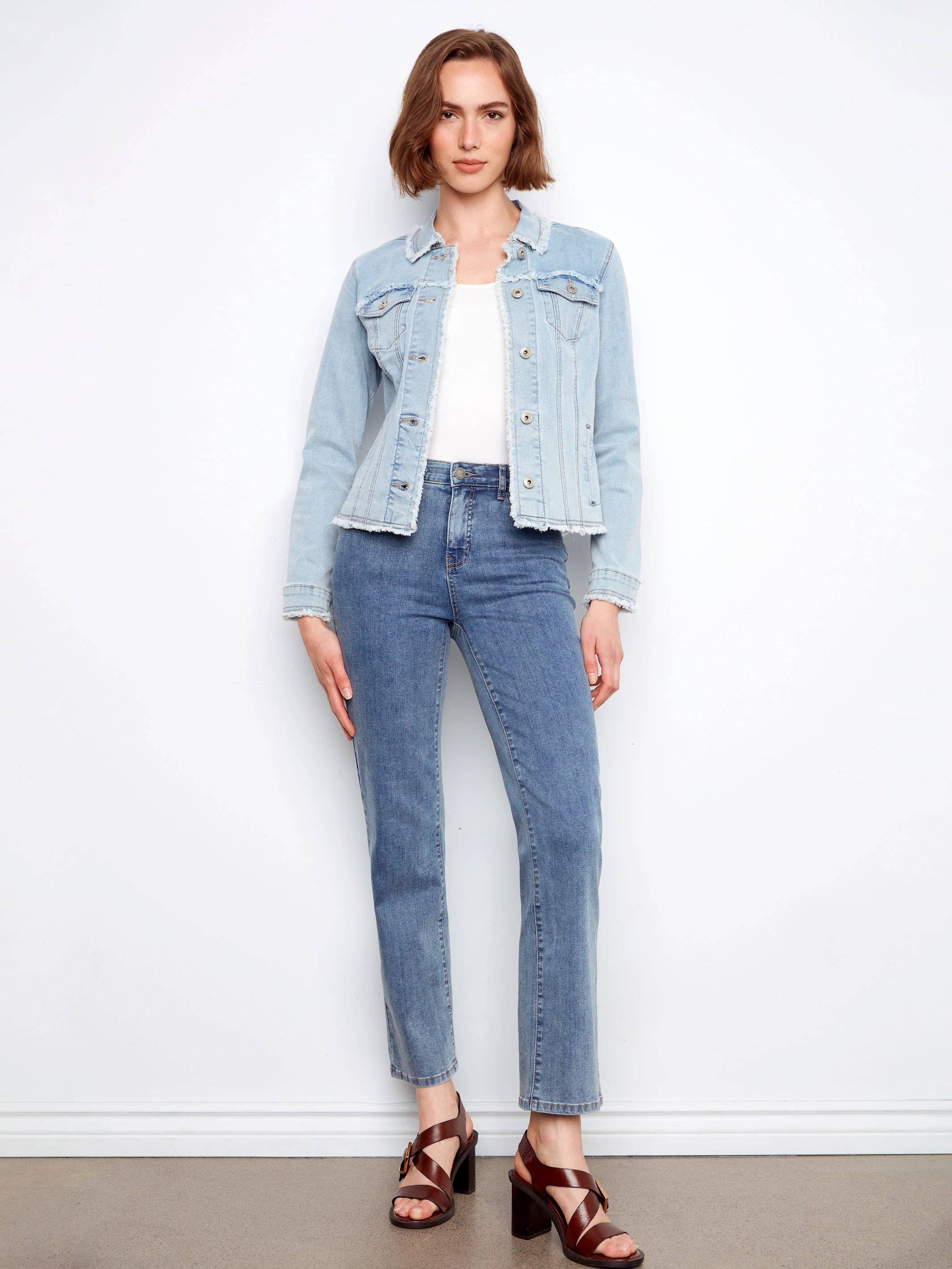 Frayed Edge Stretch Denim Jacket - Bleach Blue - Image 9