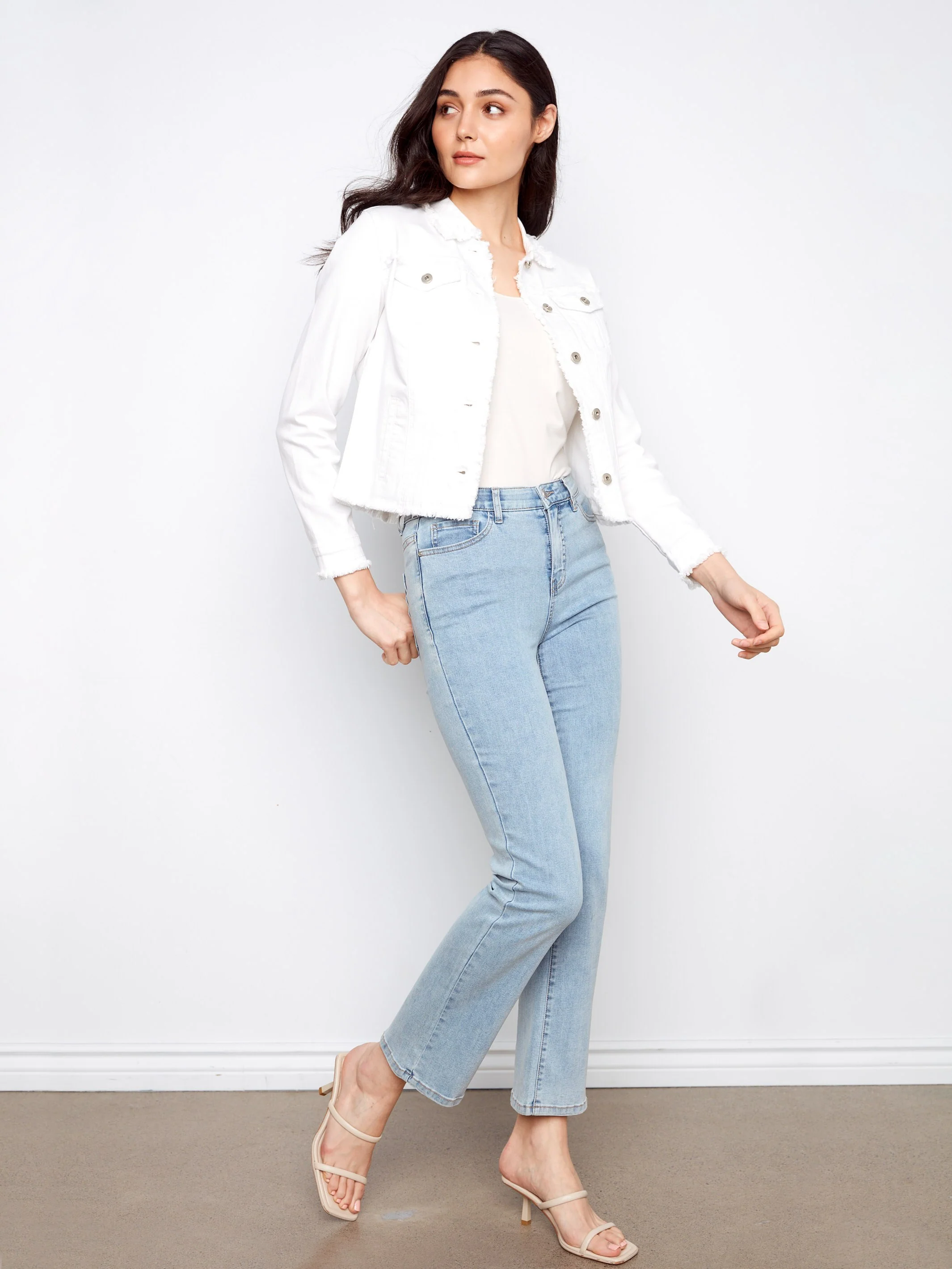 Frayed Edge Stretch Twill Jean Jacket - White - Image 4