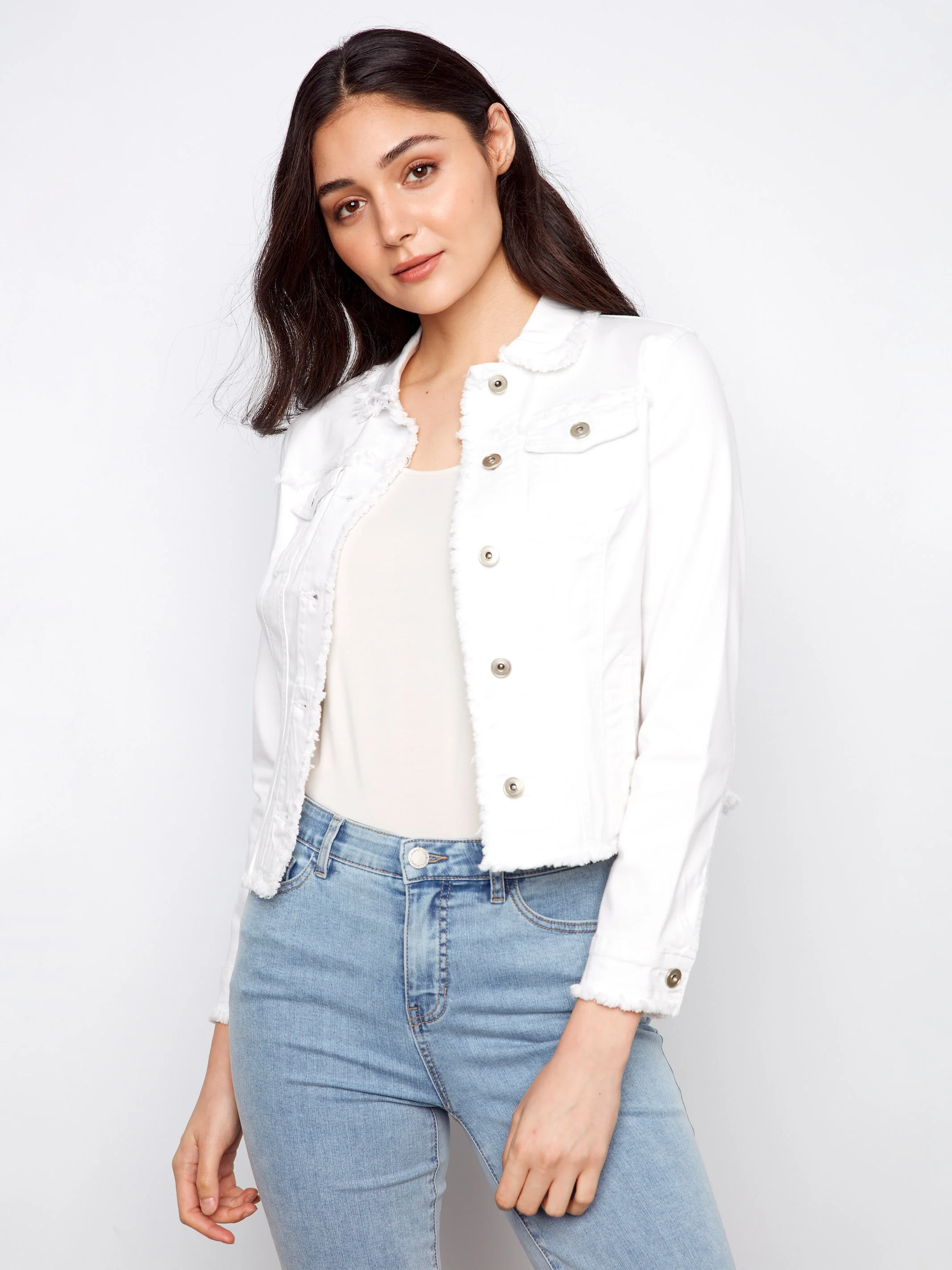 Frayed Edge Stretch Twill Jean Jacket - White - Image 5