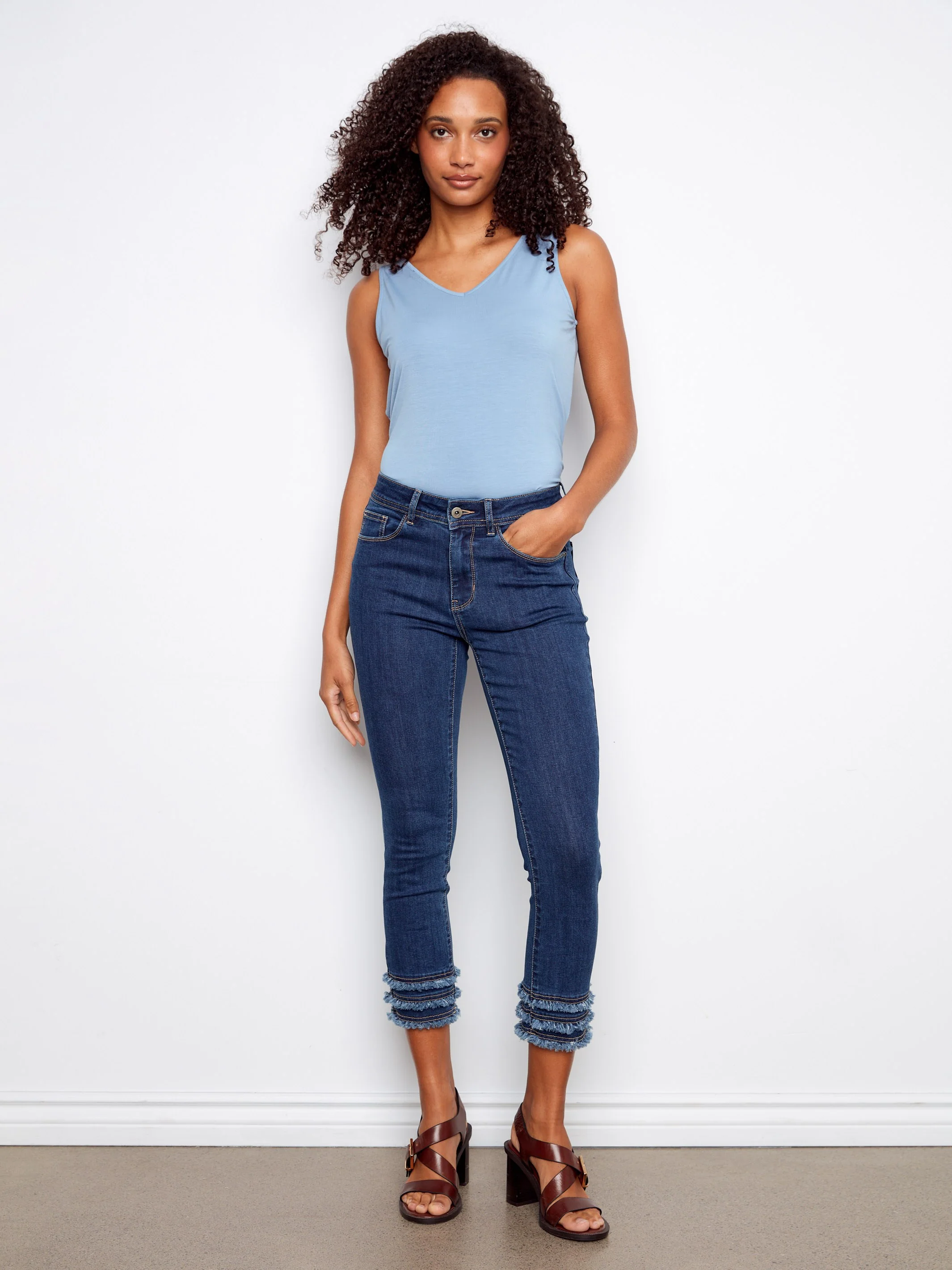 Frayed Hem Cropped Denim Pants - Indigo