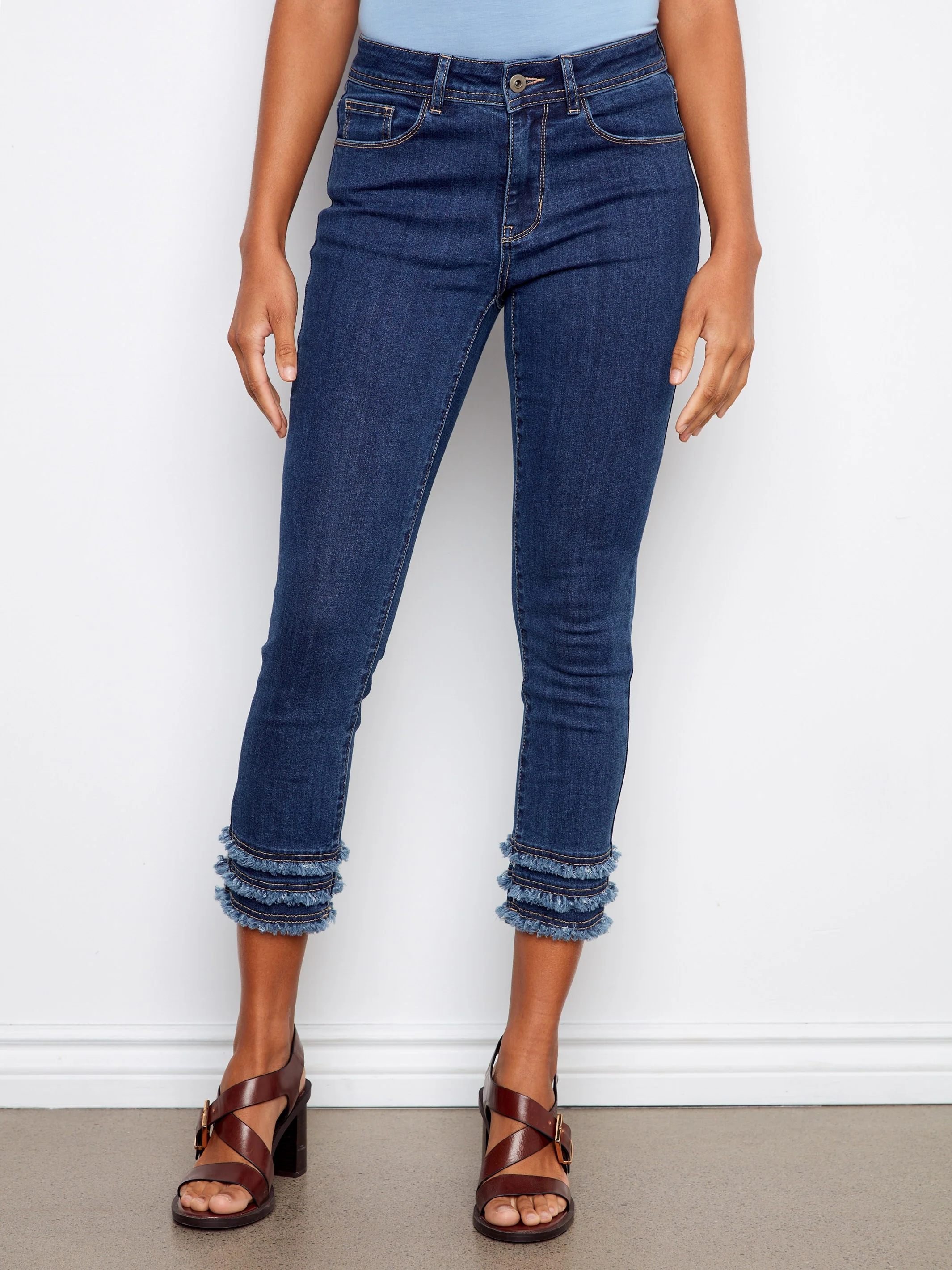 Frayed Hem Cropped Denim Pants - Indigo - Image 5