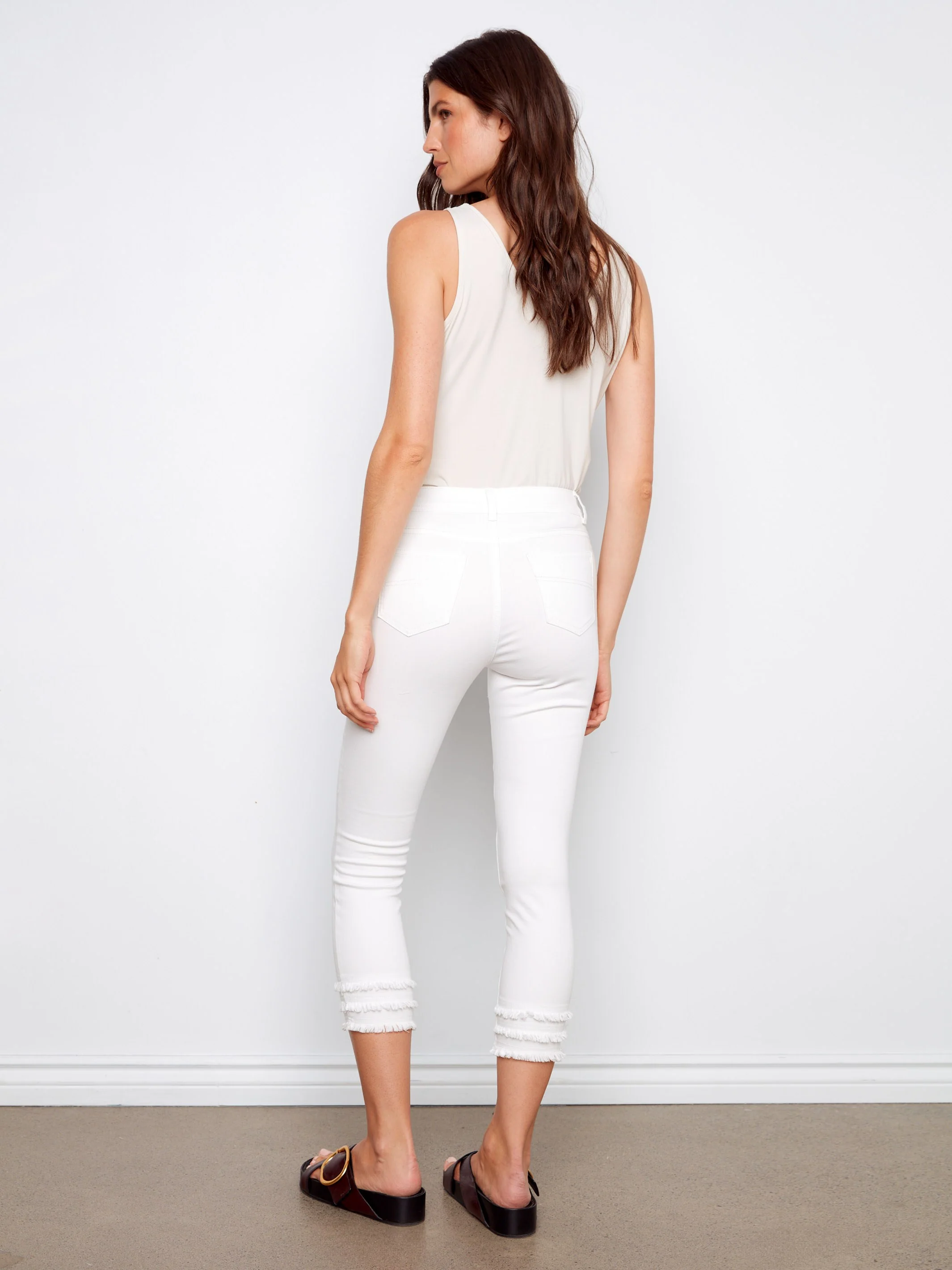 Frayed Hem Cropped Twill Pants - White - Image 5