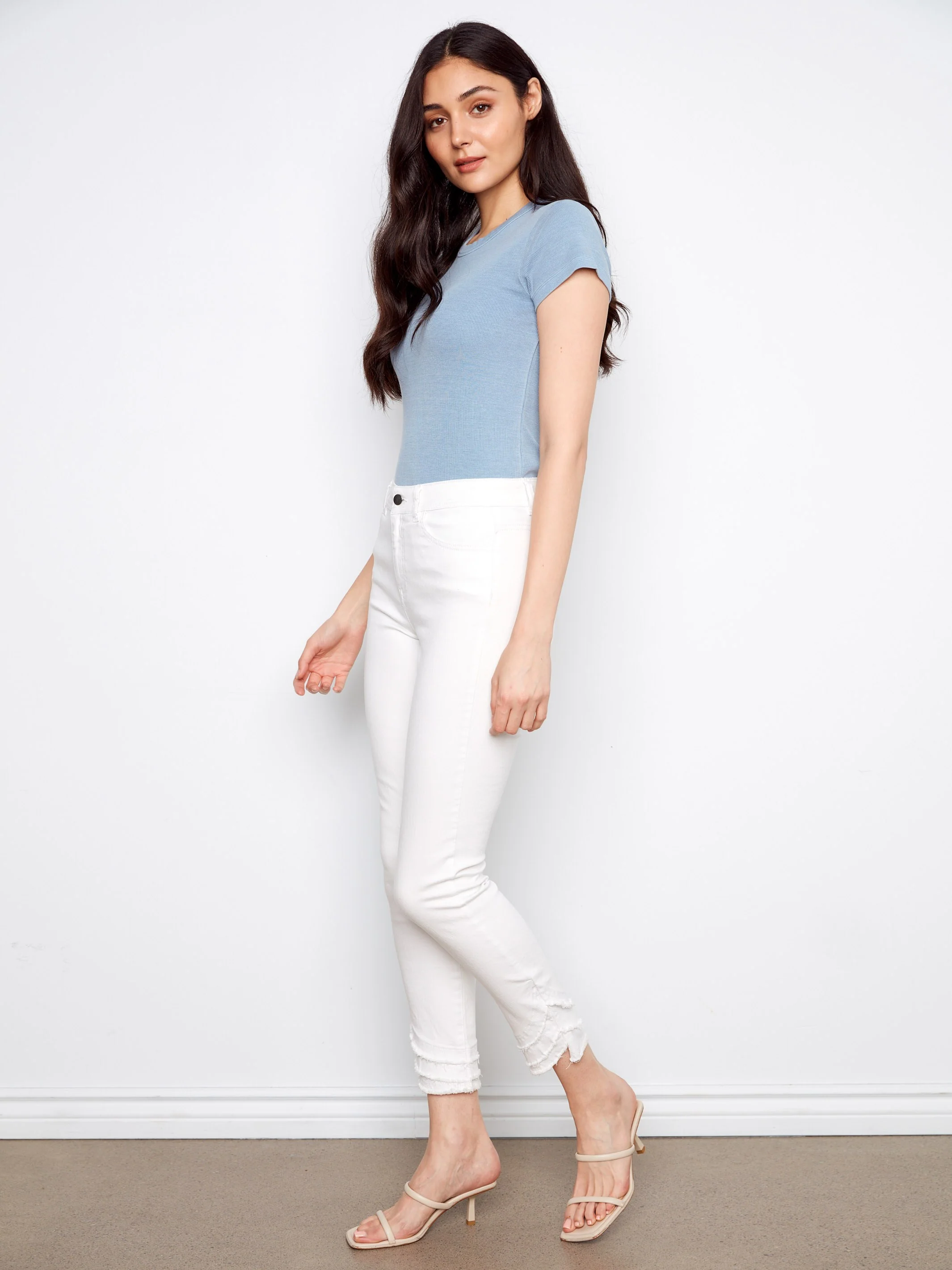 Frayed Hem Twill Pants - White - Image 3