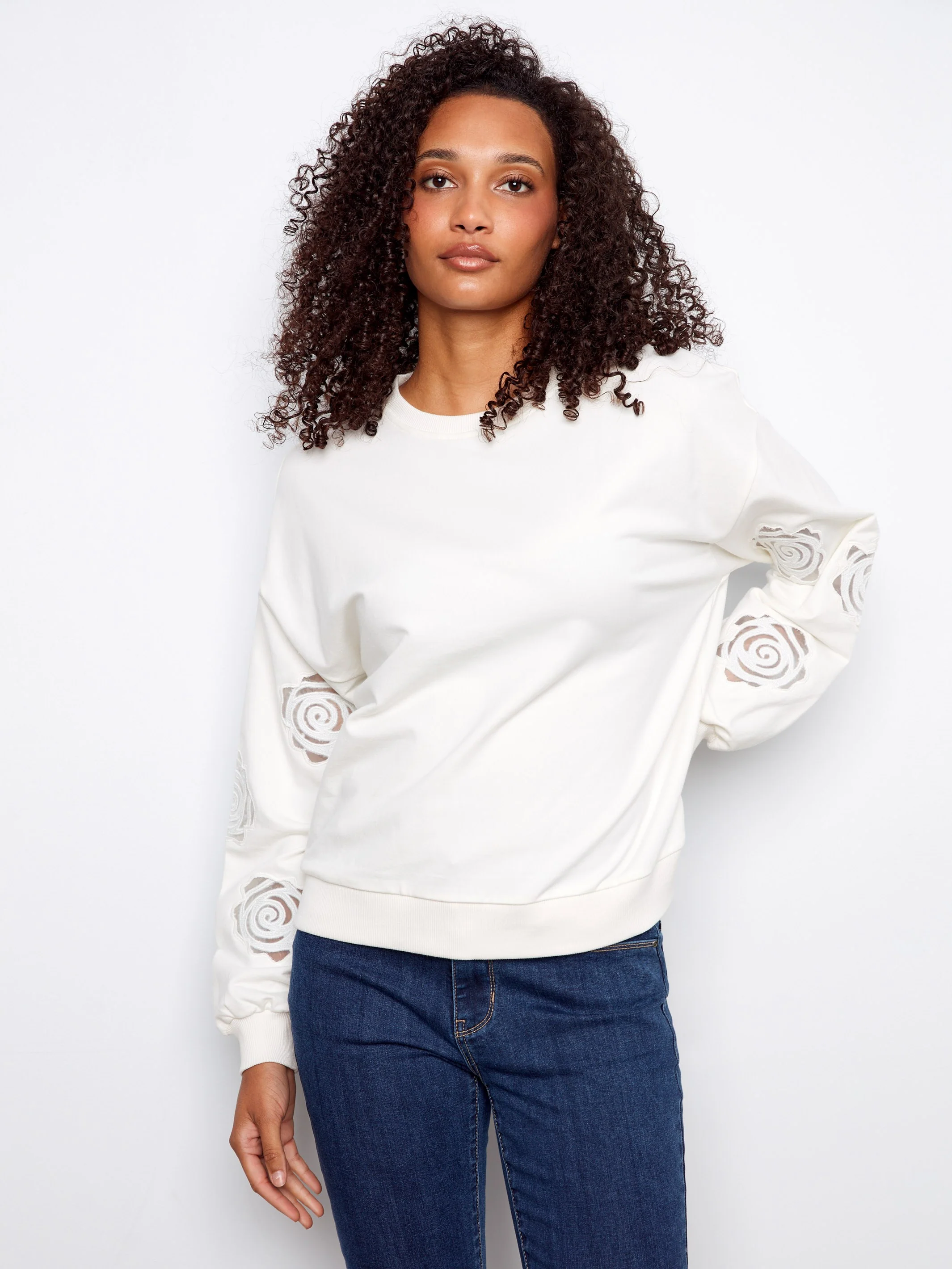 French Terry Top With Sleeve Embroidery - White - Image 3
