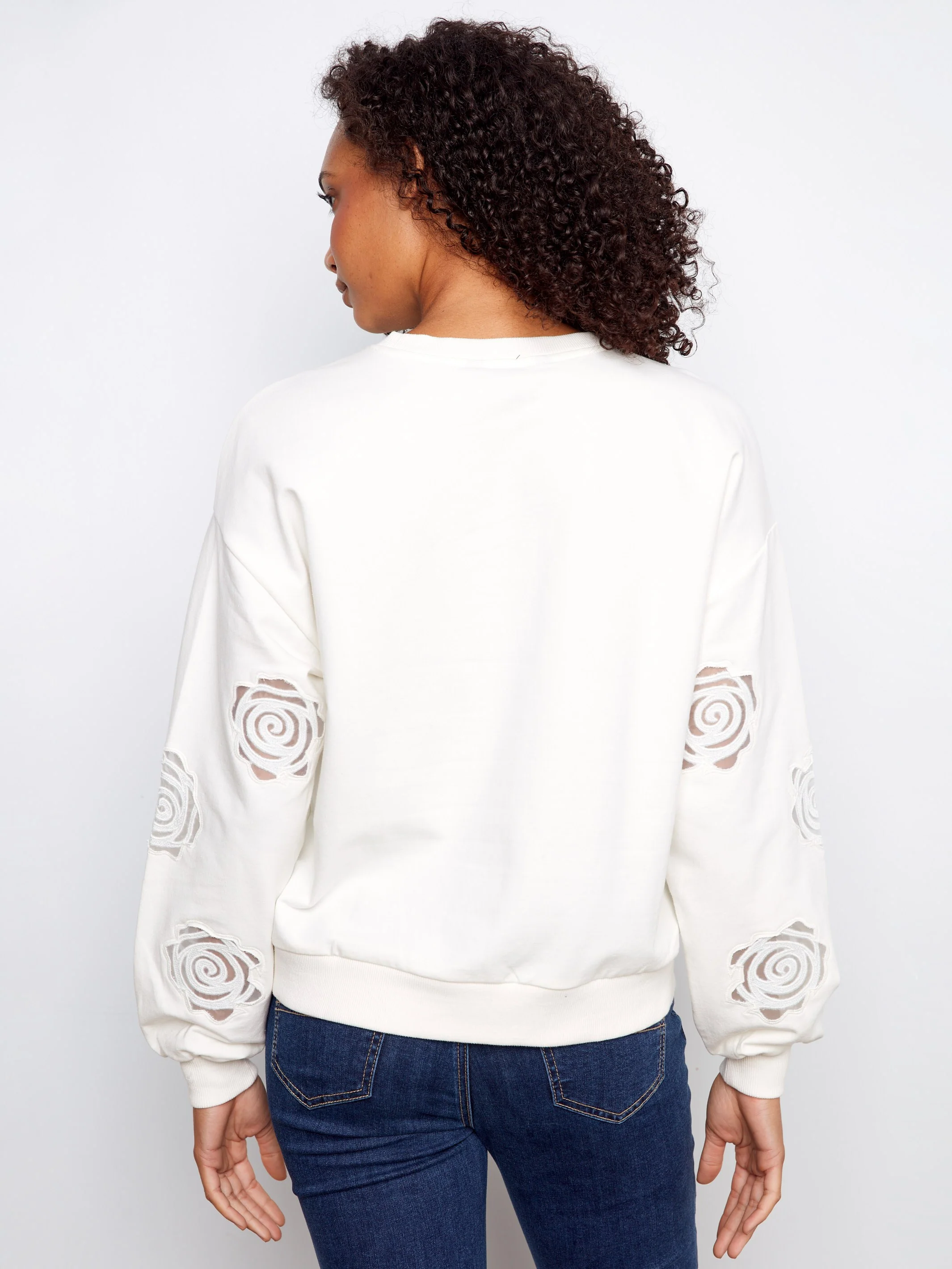 French Terry Top With Sleeve Embroidery - White - Image 4
