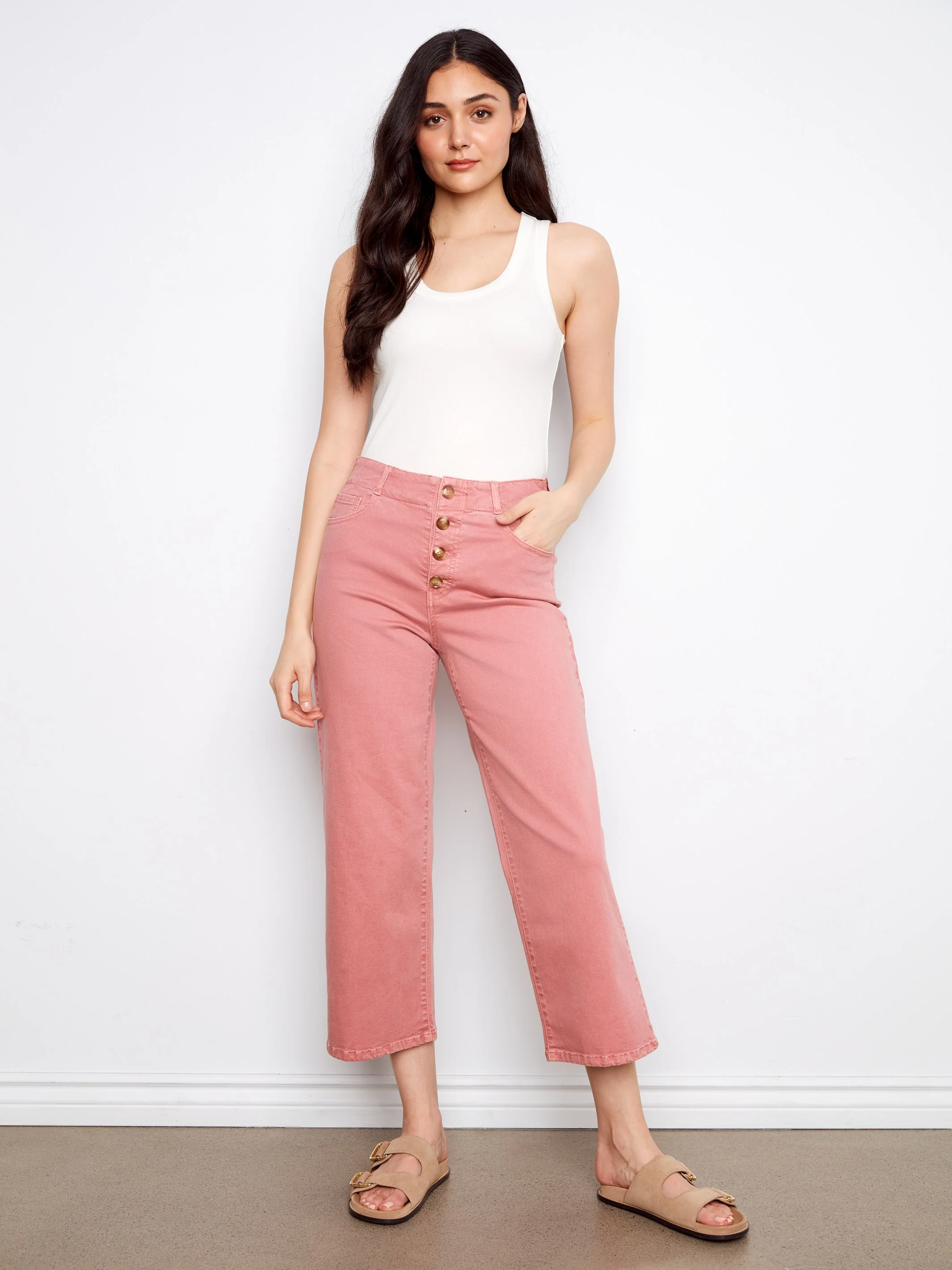 Front Button-Fly Crop Twill Pants - Carnation