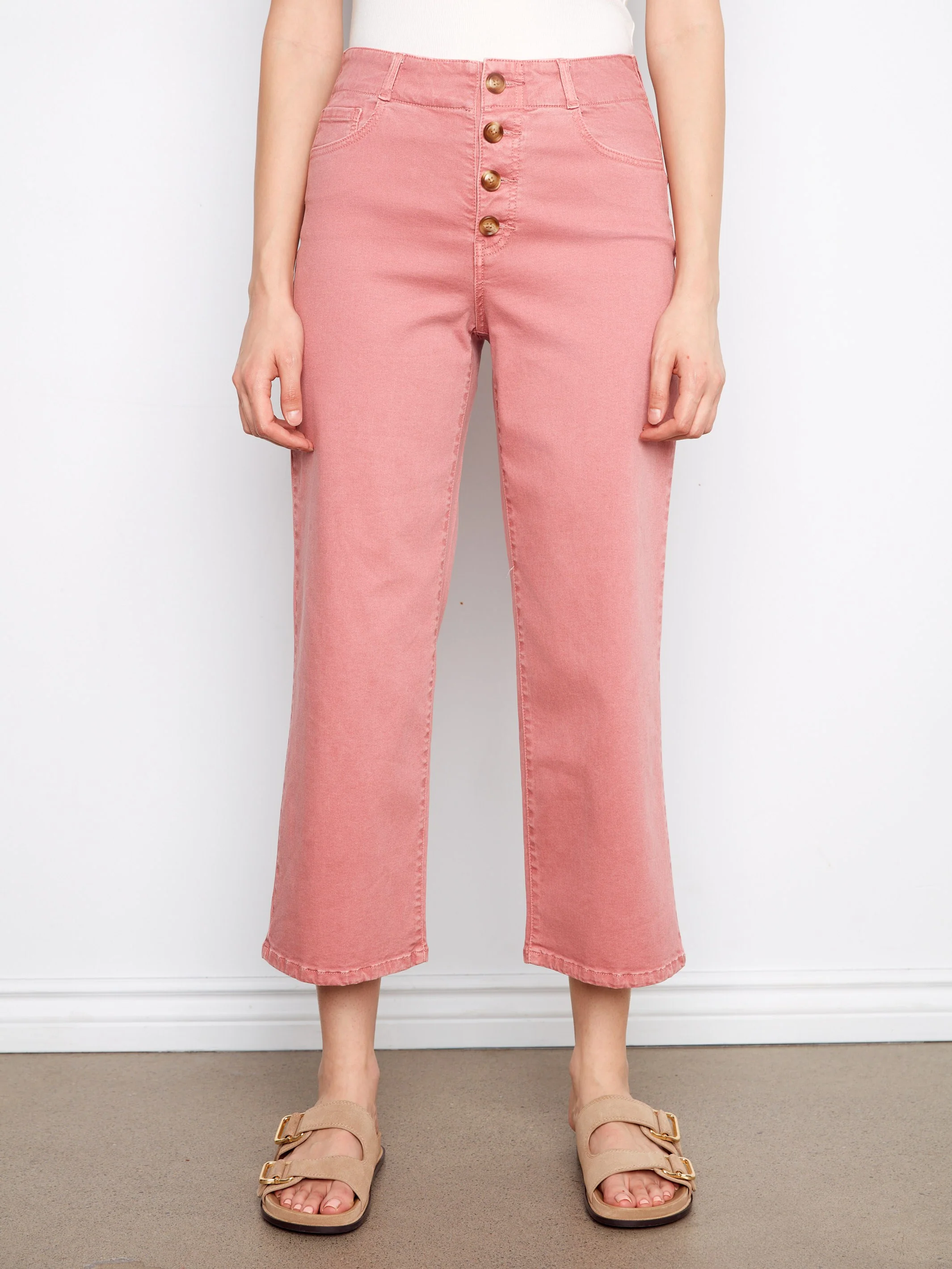 Front Button-Fly Crop Twill Pants - Carnation - Image 2