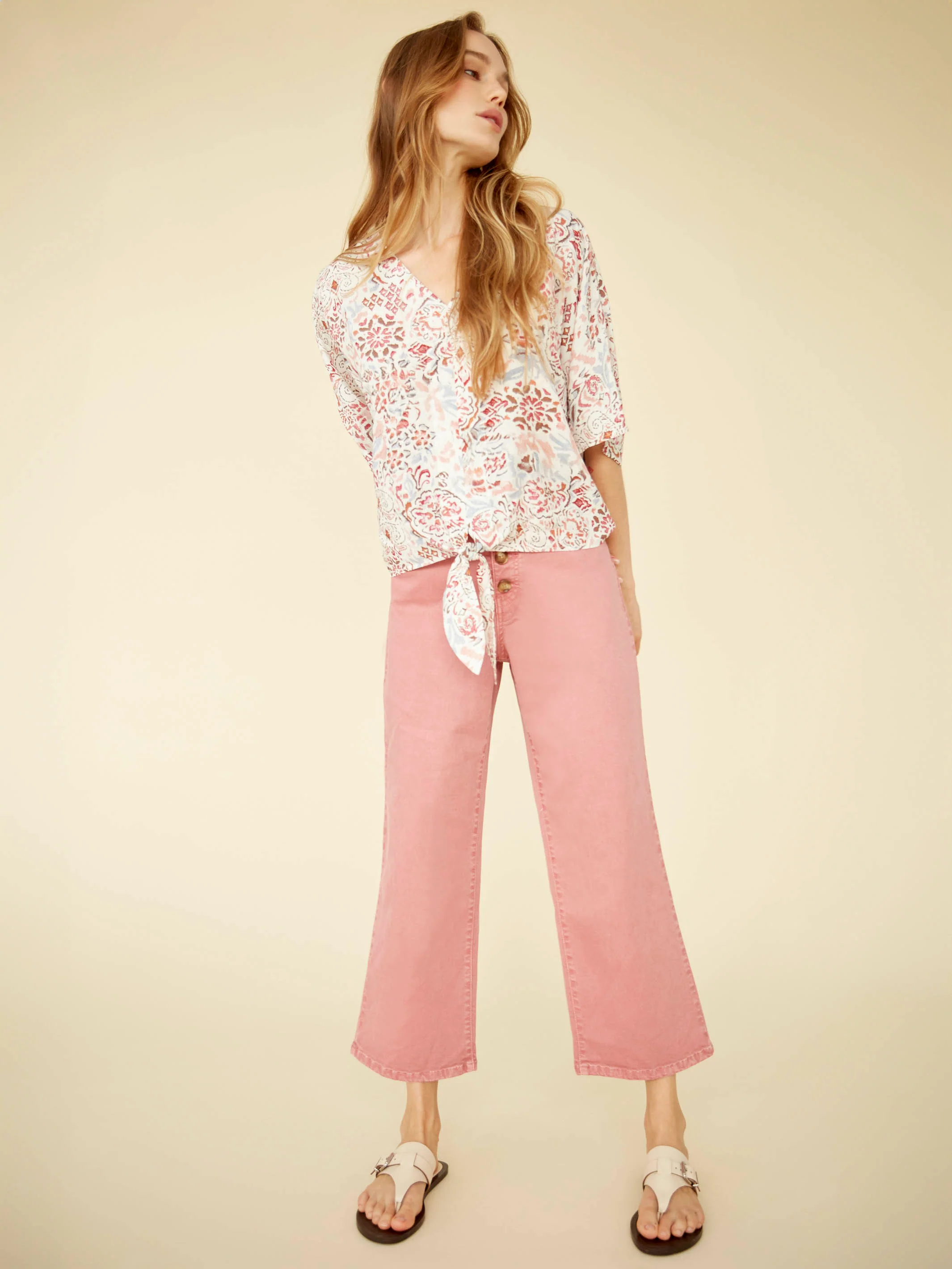 Front Button-Fly Crop Twill Pants - Carnation - Image 4