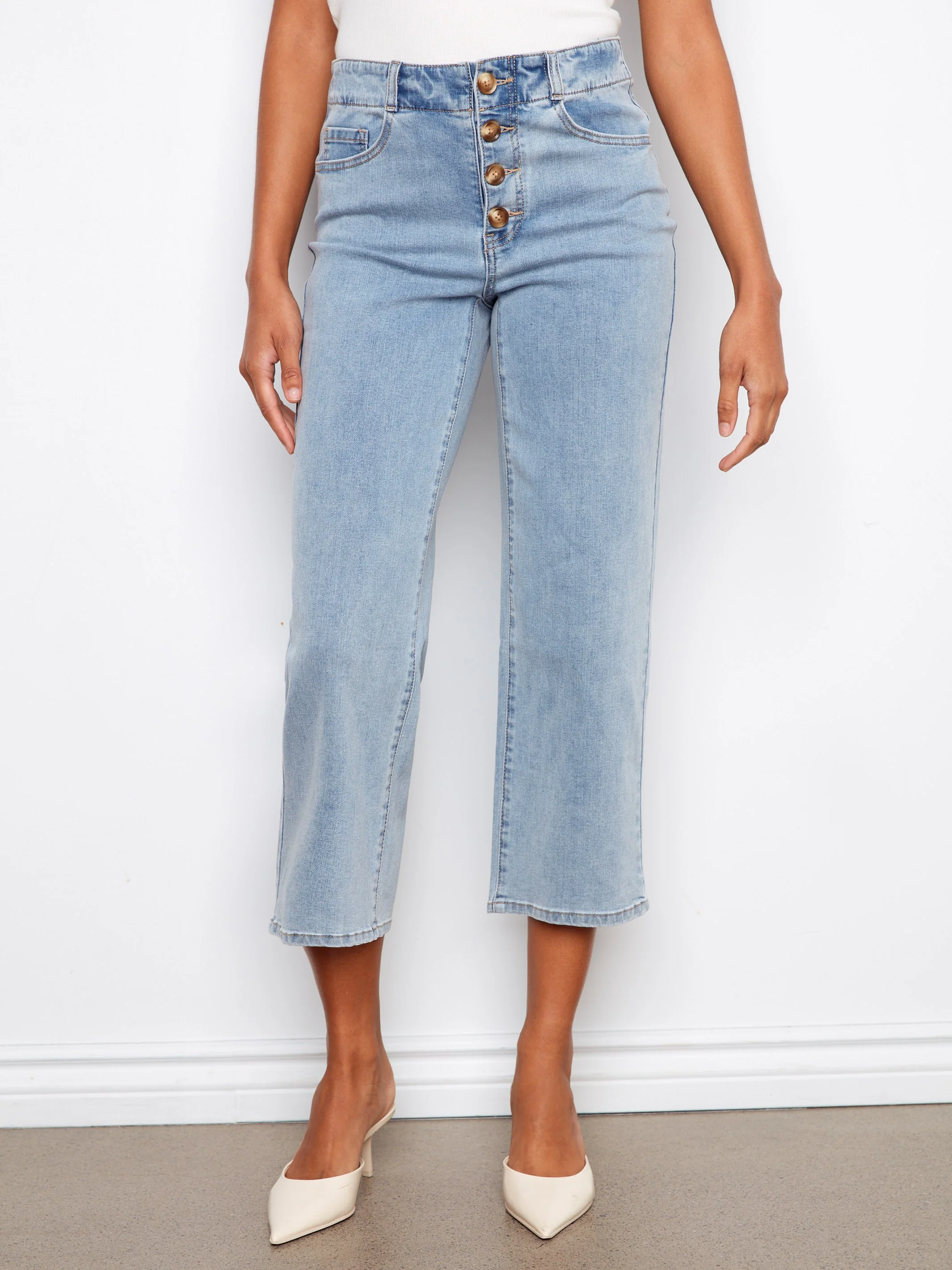 Front Button-Fly Crop Jeans - Light Blue - Image 2