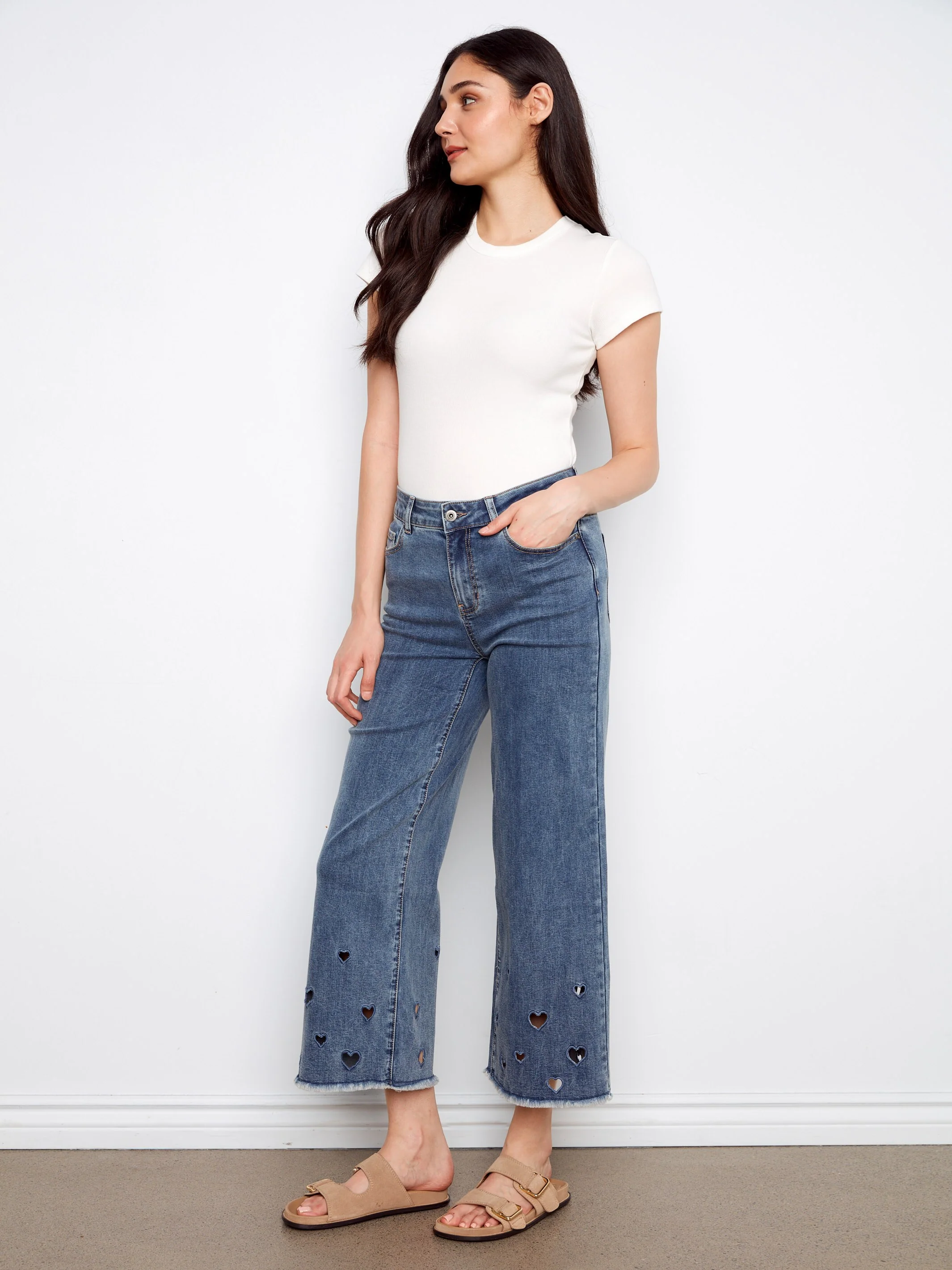 Heart Cutout Wide Leg Jeans - Medium Blue - Image 3