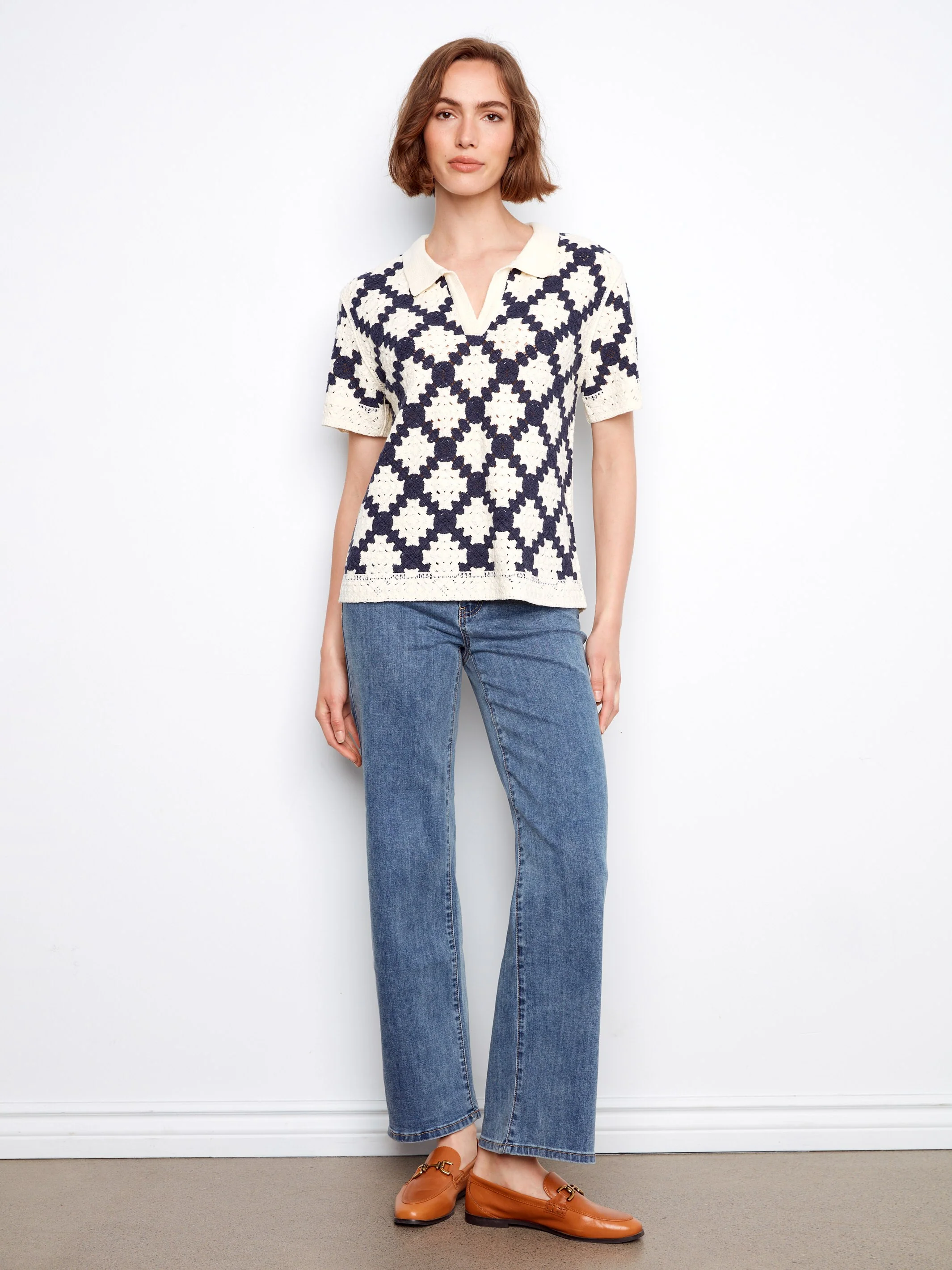 Johnny Collar Crochet Cotton Blend Top - Navy - Image 2