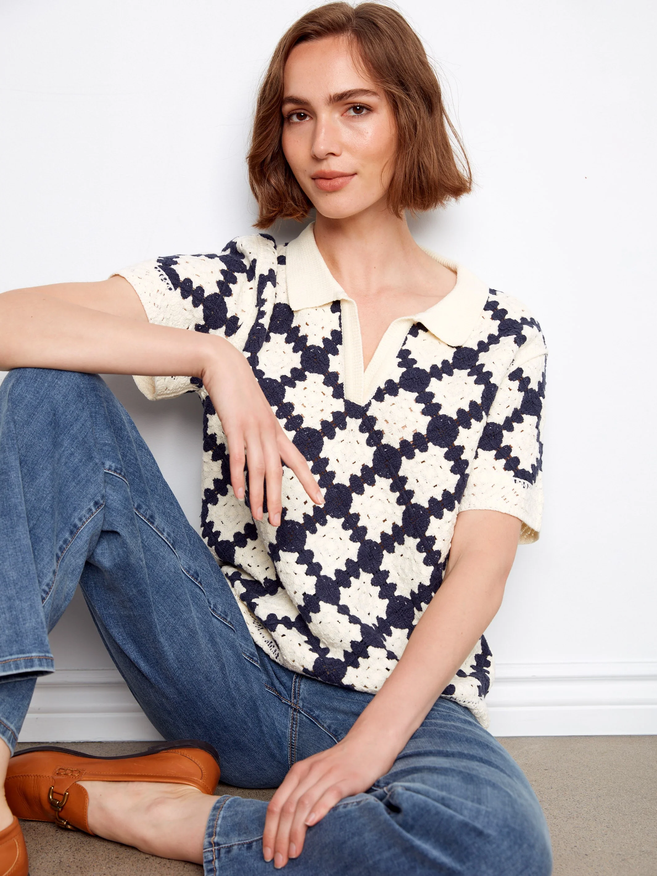 Johnny Collar Crochet Cotton Blend Top - Navy - Image 3