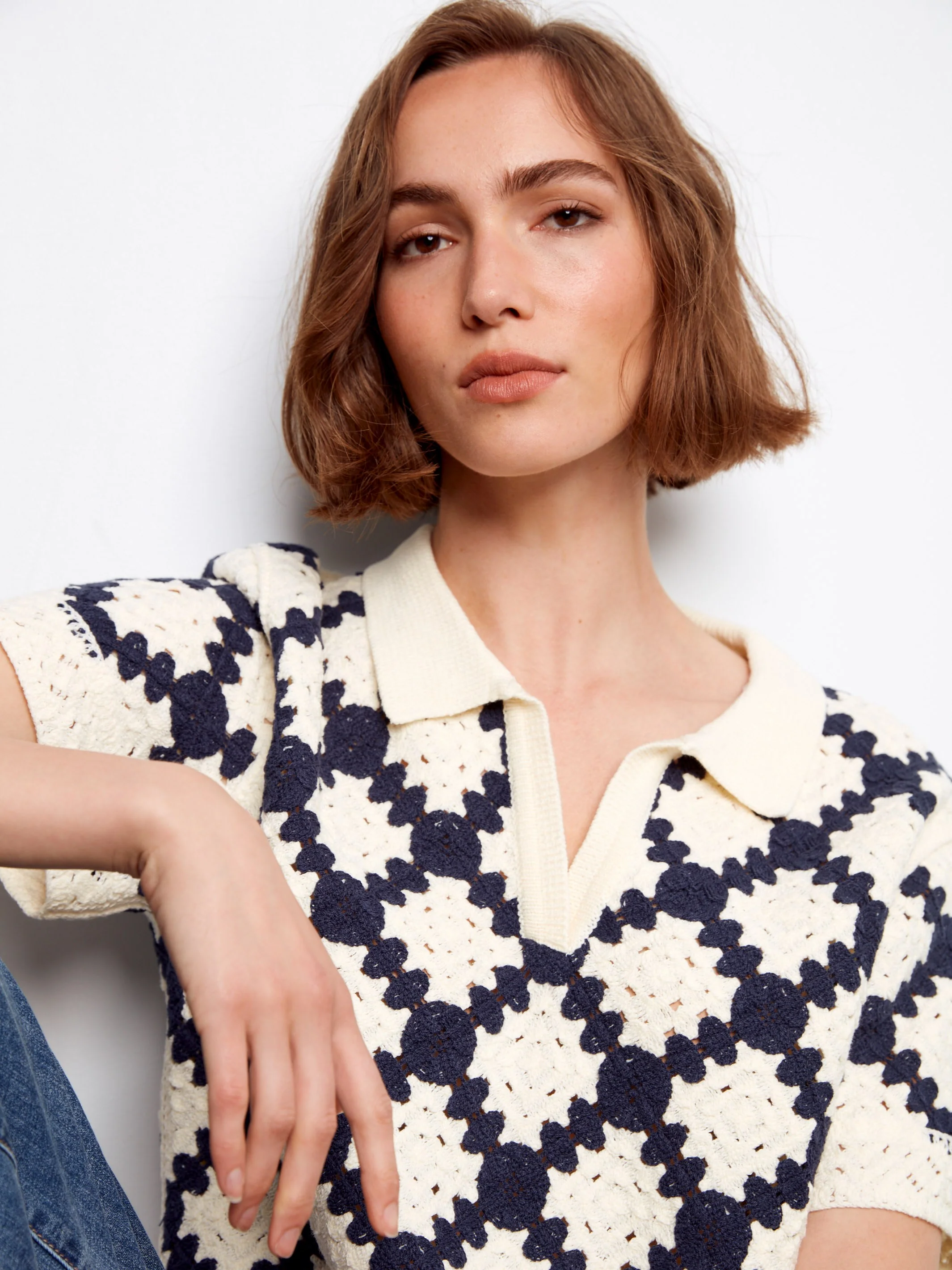 Johnny Collar Crochet Cotton Blend Top - Navy - Image 4