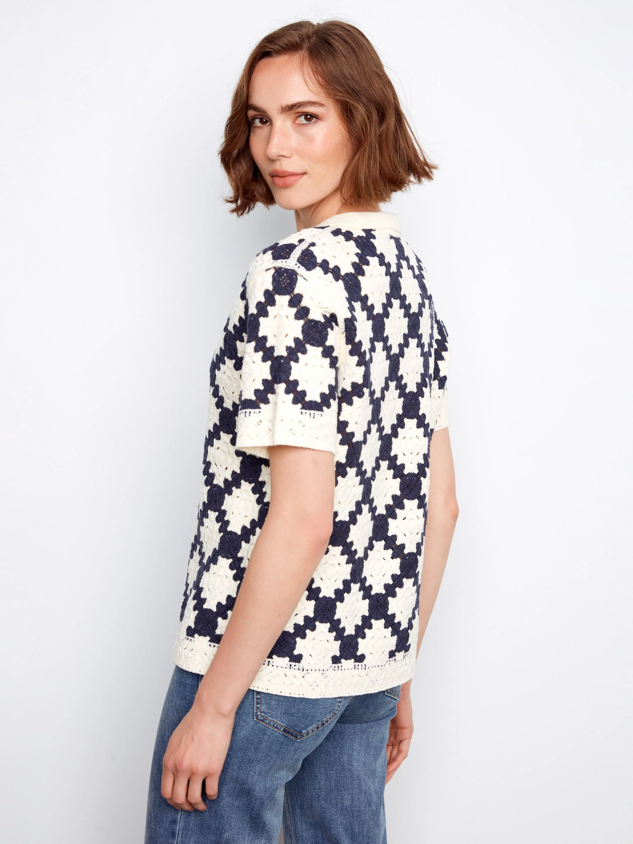 Johnny Collar Crochet Cotton Blend Top - Navy - Image 5