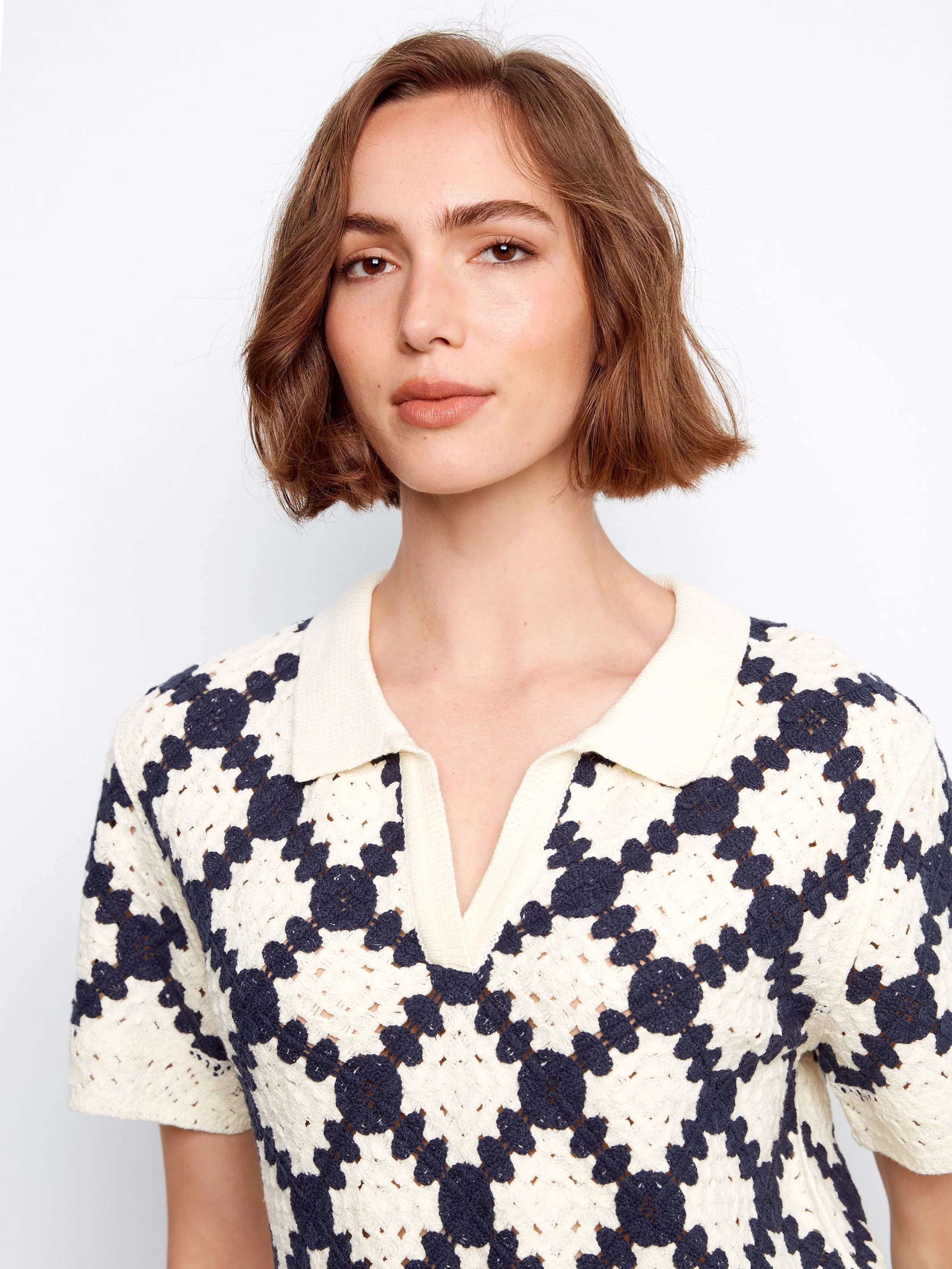 Johnny Collar Crochet Cotton Blend Top - Navy - Image 6