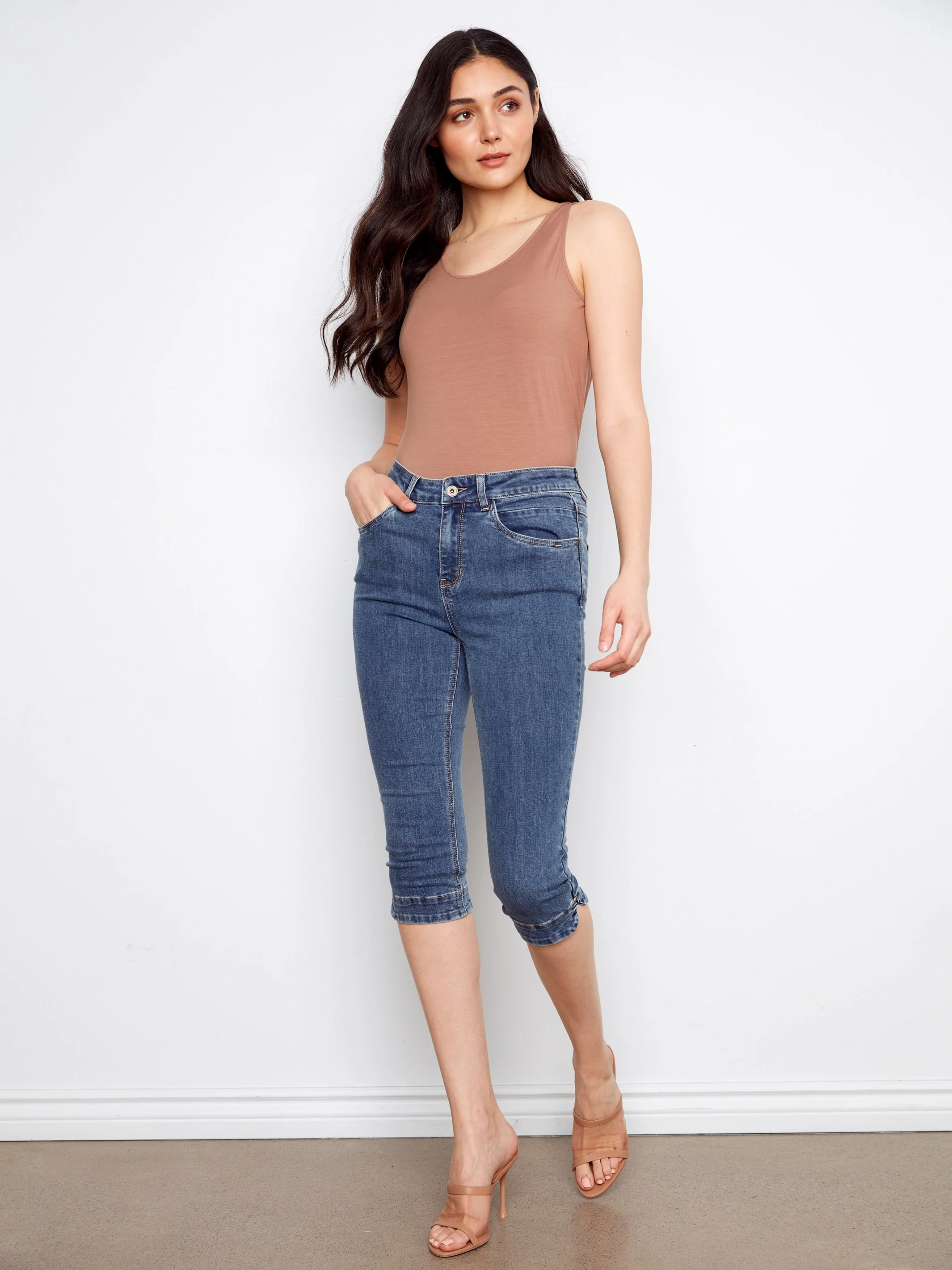 Knee High Capri Jeans - Medium Blue - Image 2