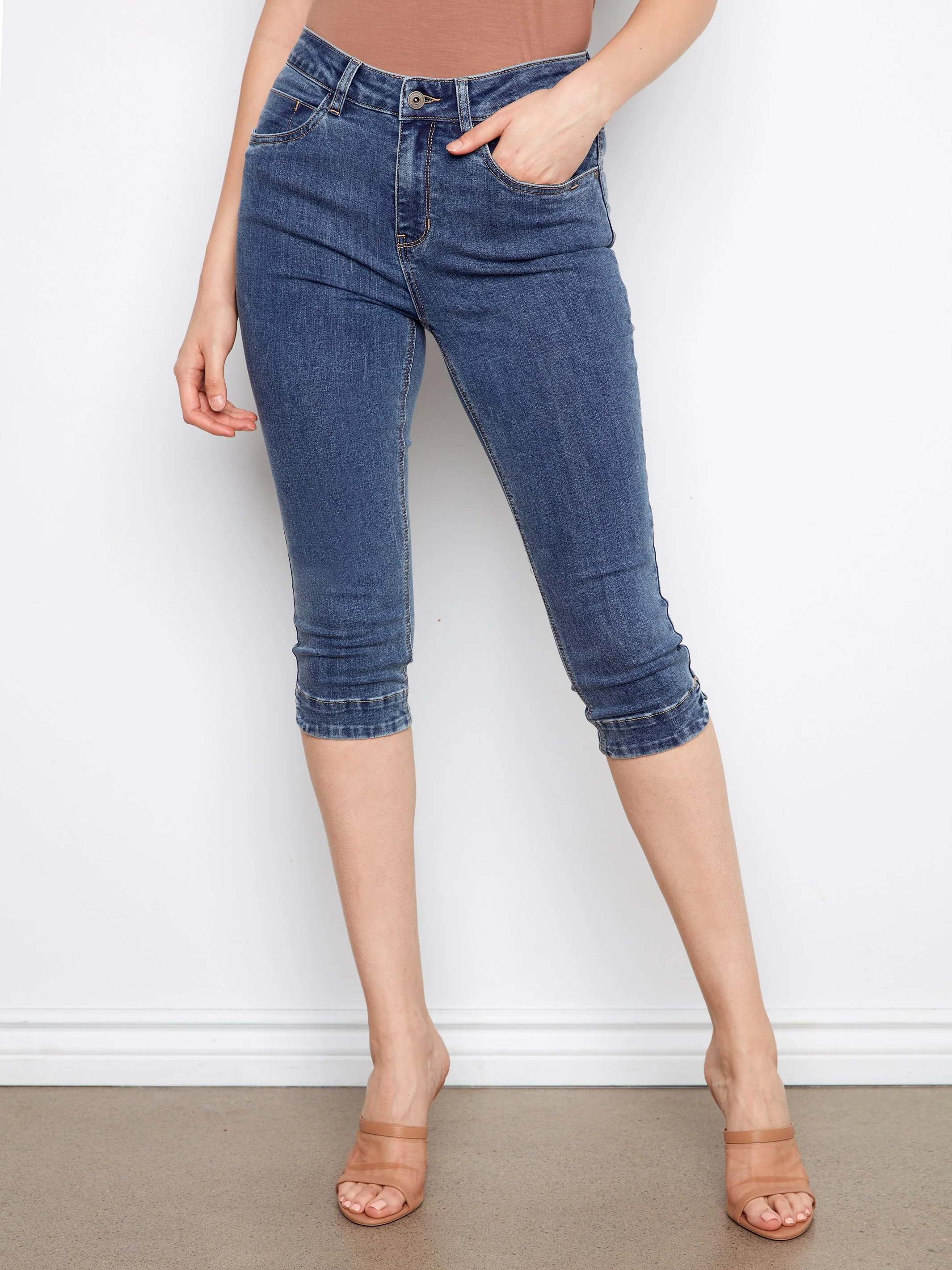 Knee High Capri Jeans - Medium Blue - Image 3