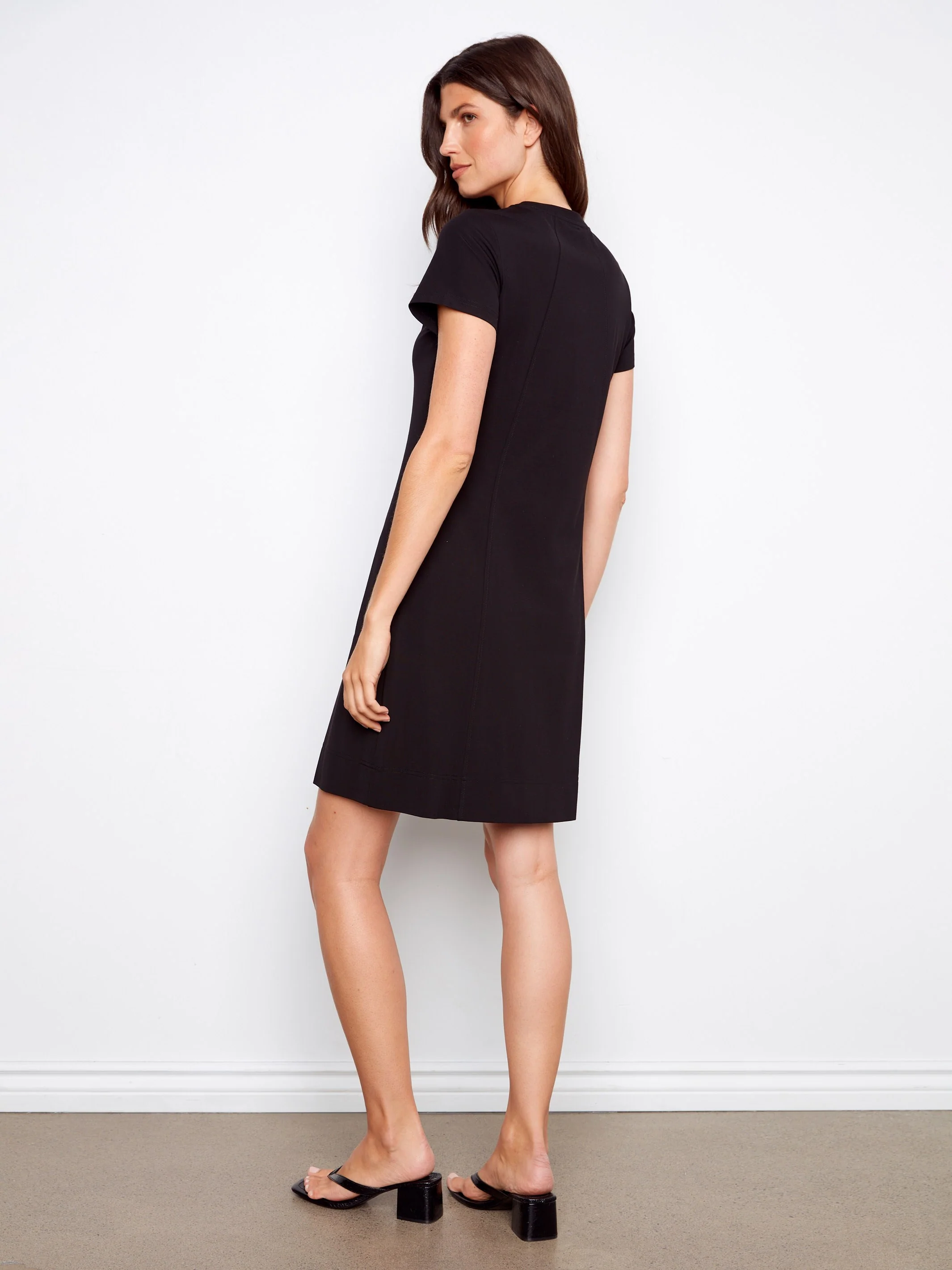 Knee-Length Short-Sleeve Dress - Black - Image 4