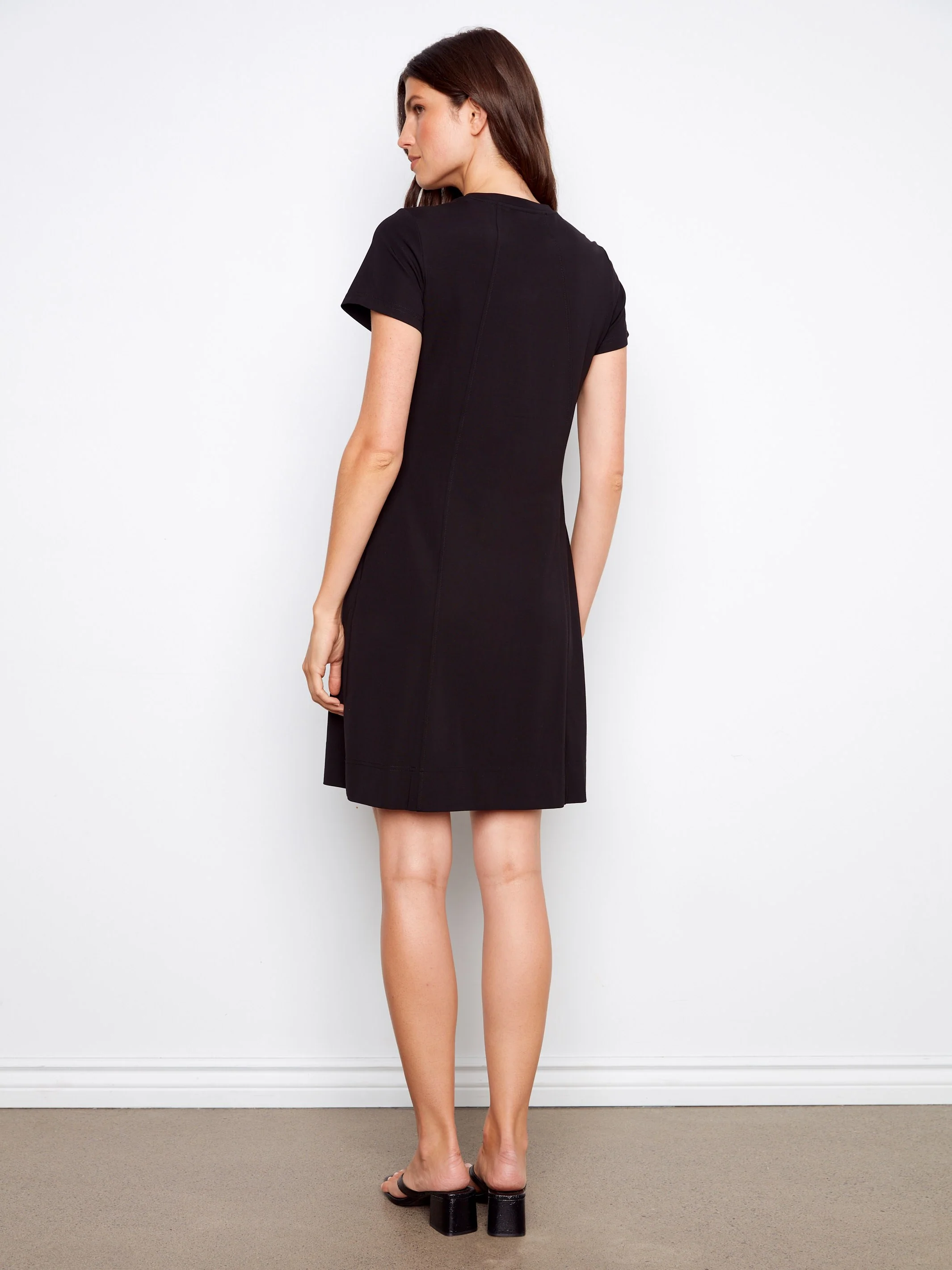 Knee-Length Short-Sleeve Dress - Black - Image 5