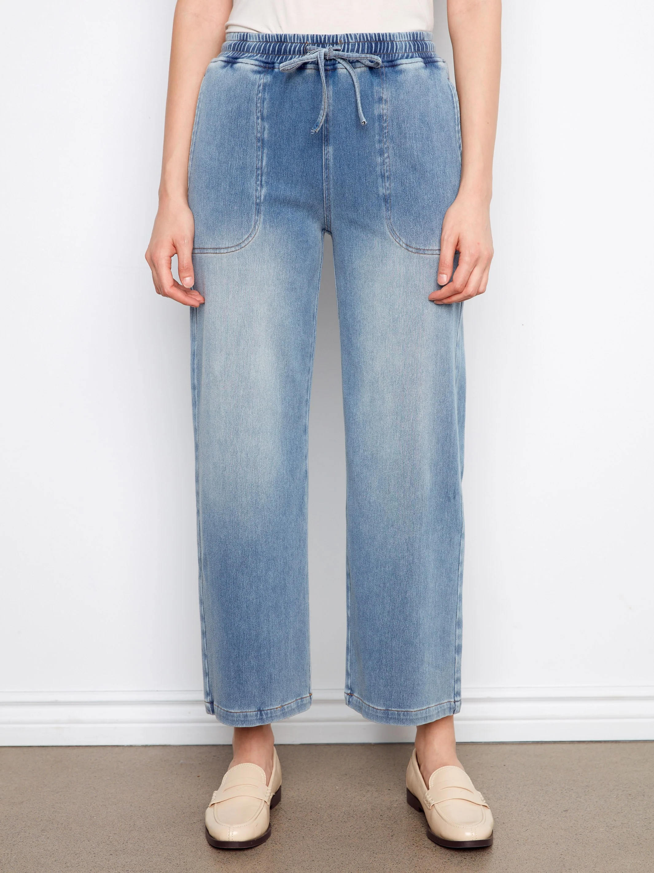 Knit Denim Wide Leg Jogger Pants - Medium Blue - Image 3